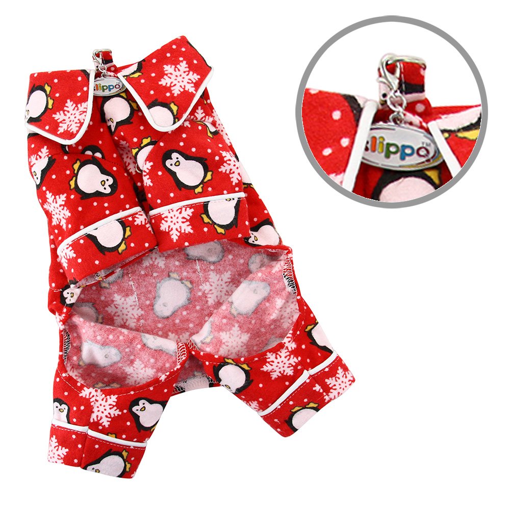 Klippo Penguins & Snowflake Flannel Dog Pajamas/Bodysuit/Loungewear - Red - Large
