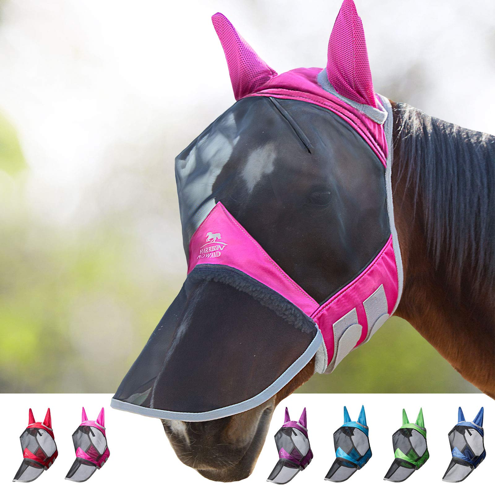 Harrison Howard CareMaster Pro Luminous Horse Fly Mask Large Eye Space Long Nose with Ears UV Protection for Horse Flamingo (M; 