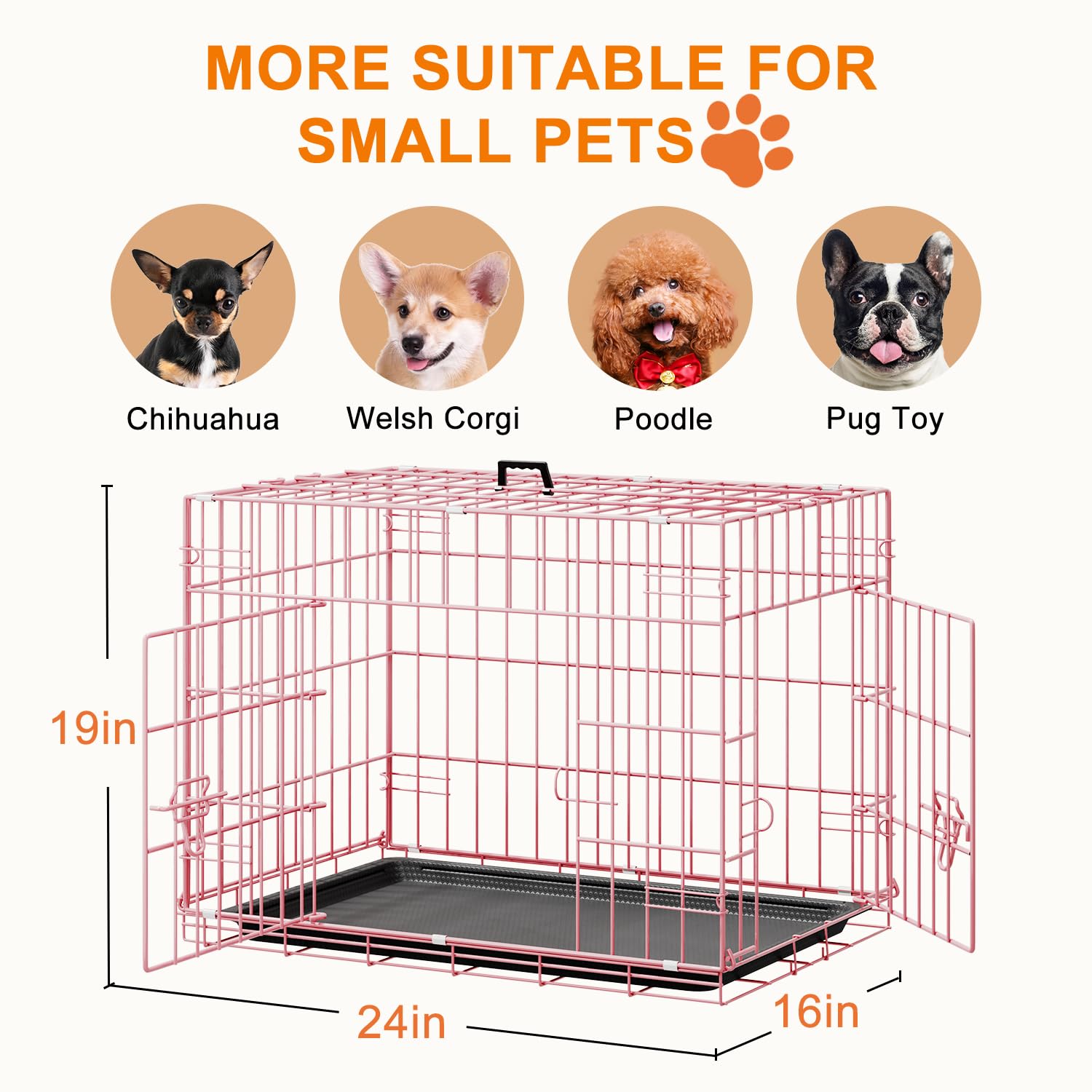 FDW 24inch Dog Crate Pet Cage with Metal Folding Design Plastic Tray Indoor Outdoor Dog Kennel Cage for Small Dogs,Pink