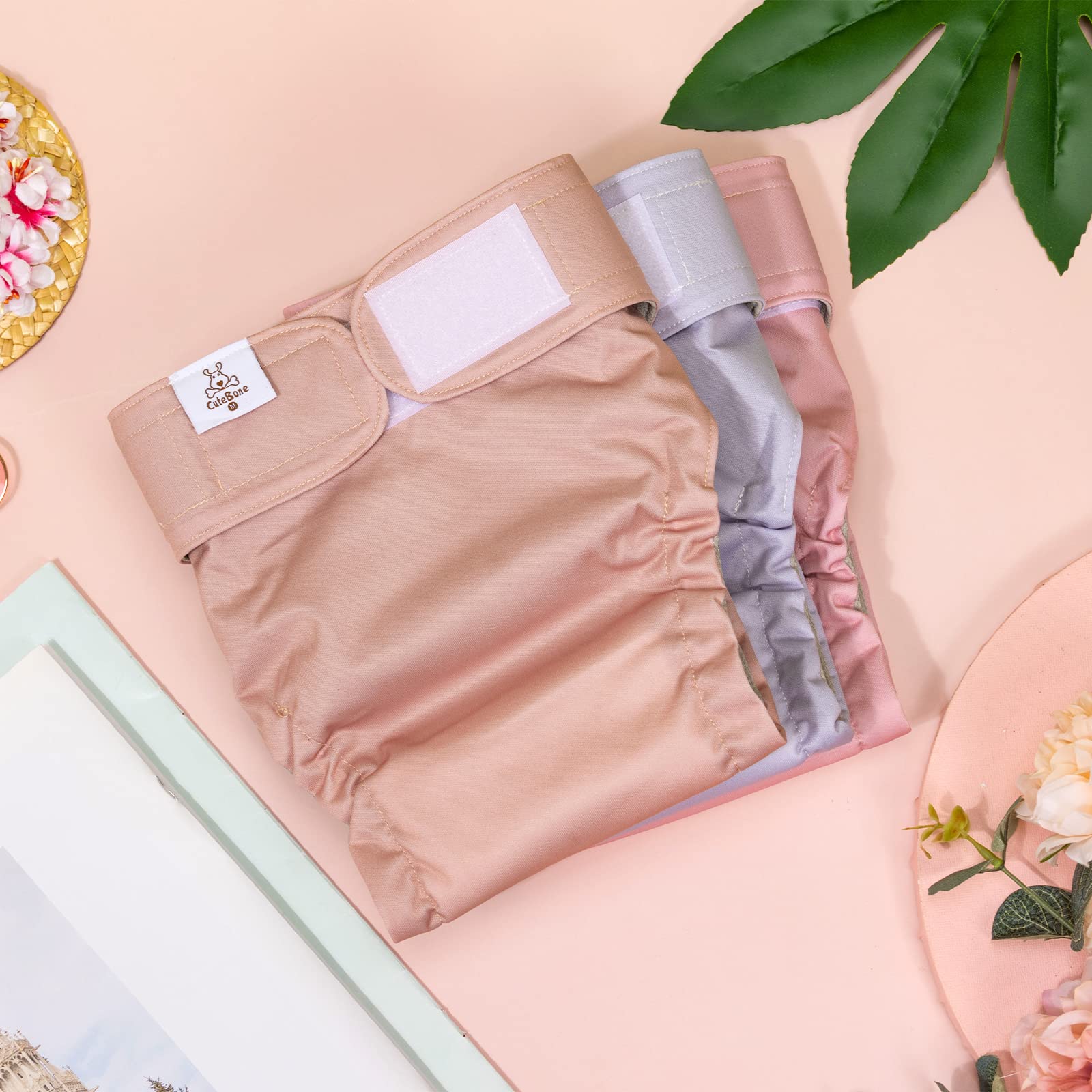 Cutebone Washable Dog Diapers Female No Tail Hole 3 Pack Reusable Doggie Period Training Pants For Docked-Tail Frenchie French Bulldog Boston Terrier Without Tail Wwd07M