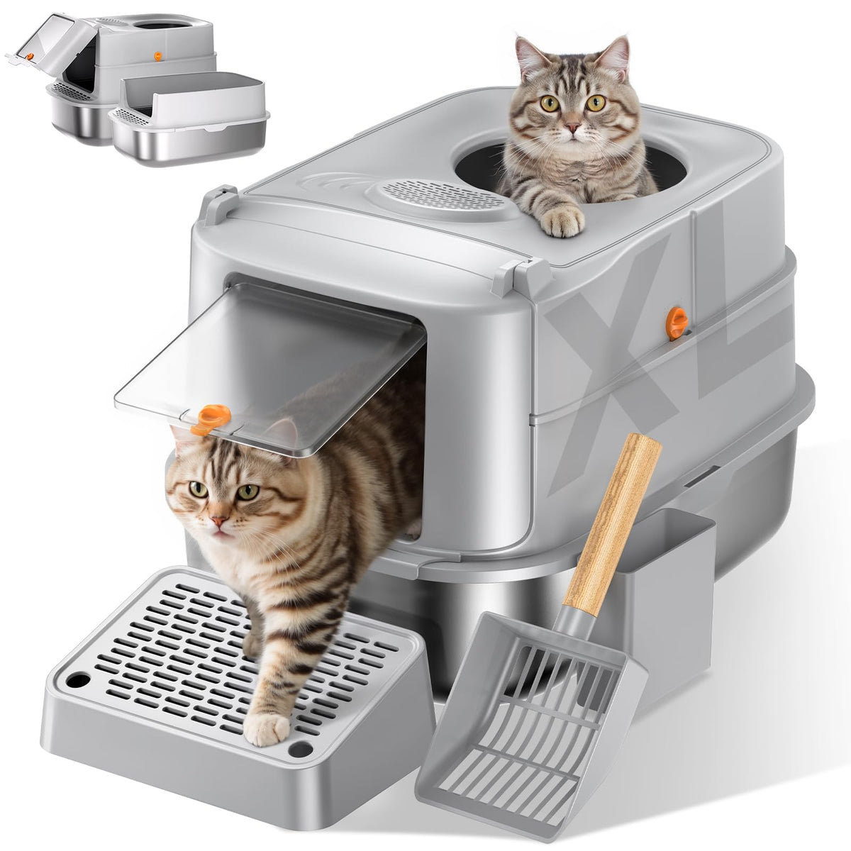 Stainless Steel Cat Litter Box With Lid, Xl Extra Large Metal Litter Box For Big Cats, 180 Flip Cover Enclosed Top Entry Litter 