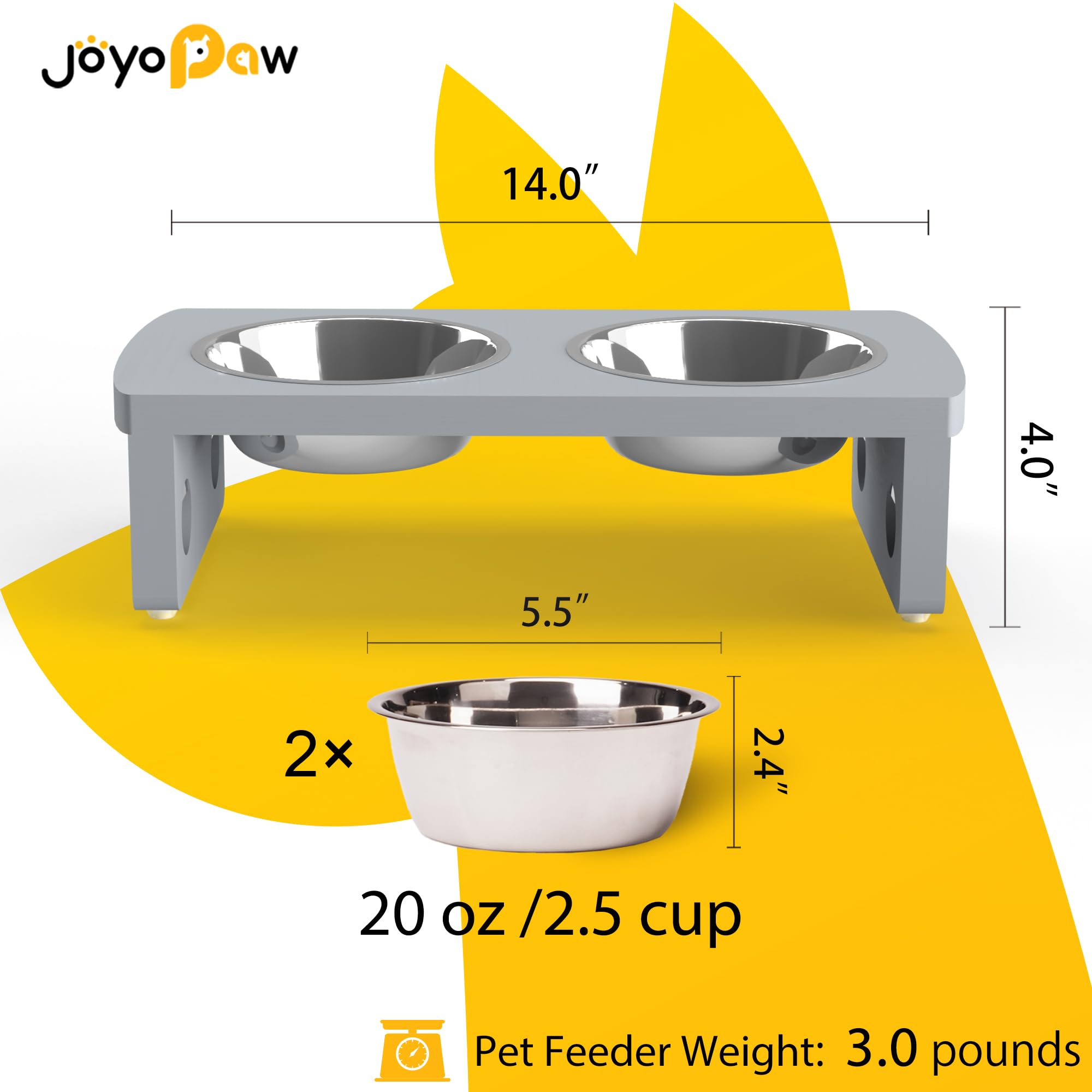Elevated Dog Bowls, Bamboo Raised Dog Bowl for Small Dogs & Cats, with 2 Stainless Steel Bowls (4   Tall-20oz Bowl, Grey)