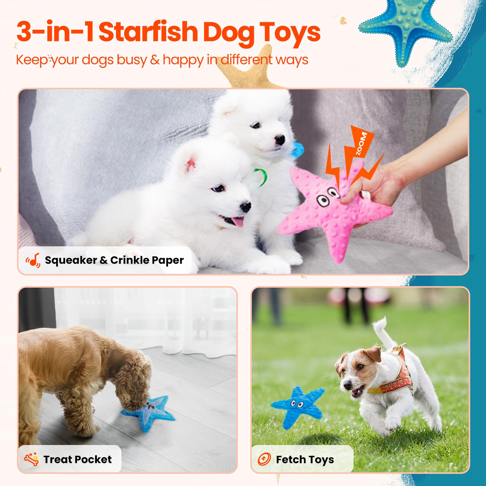 HGB Squeaky Dog Toys - Starfish No Stuffing Crinkle Plush Dog Toys for Small Medium Breeds, Puppy Toys to Keep Them Busy & Puppy