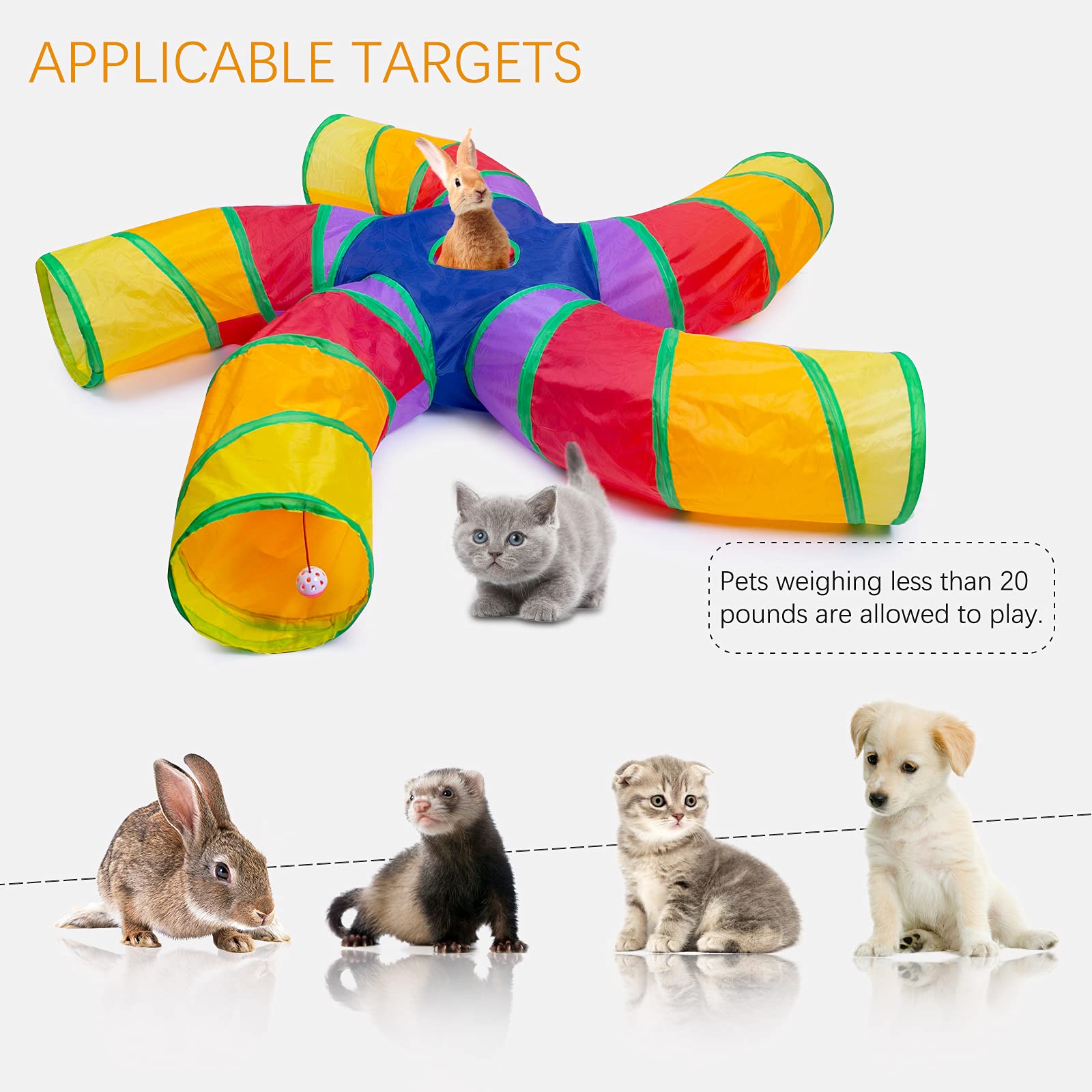 Egetota Cat Tunnel For Indoor Cats Large, With Play Ball S-Shape 5 Way Collapsible Interactive Peek Hole Pet Tube Toys, Puppy, Kitty, Kitten, Rabbit (Multicolor)