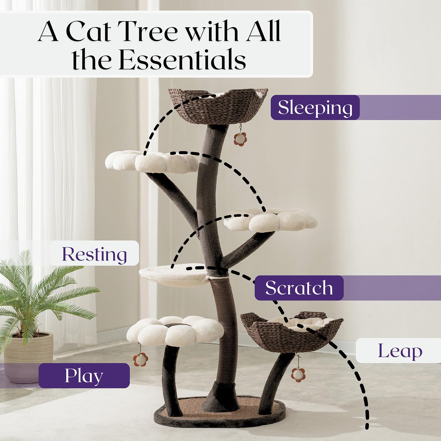 Catry Blossom 6-Level Multi-Activity Cat Tree With Plush Flower Perches, Leaf Hammock, Handwoven Baskets, Recycled Paper Rope Sc