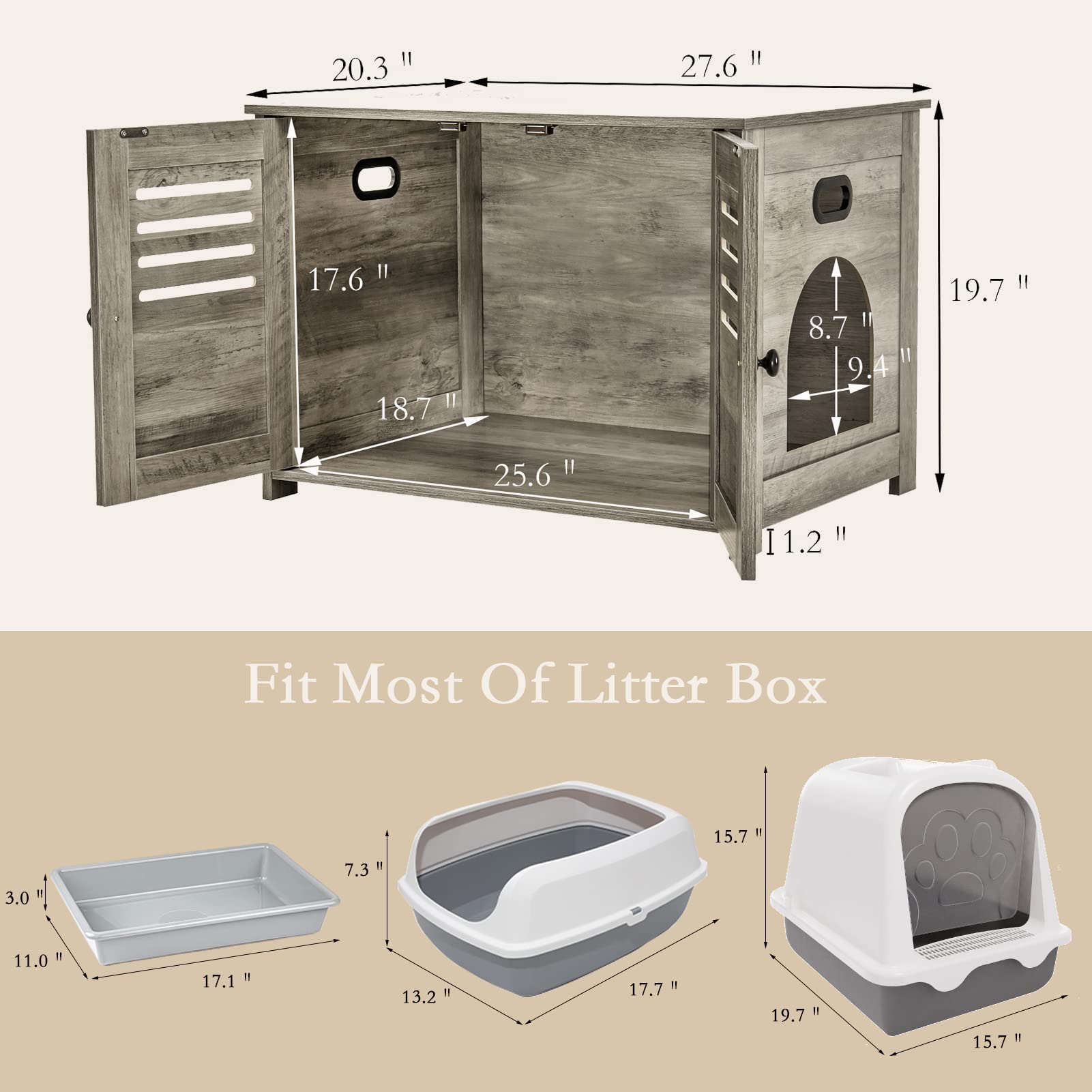 Dinzi Lvj Litter Box Enclosure, Cat Litter House With Louvered Doors, Entrance Can Be On Left Or Right Side, Spacious Hidden Washroom For Most Of Box, Furniture Cabinet, Gray Wash