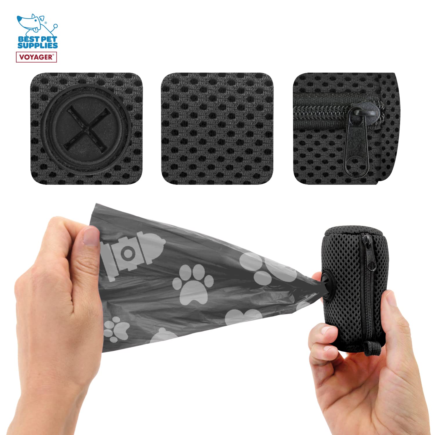 Best Pet Supplies Dog Poop Bag Holder Leash Attachment With 15 Bags, Black, Reusable Mesh Dispenser Pouch For Travel, Walking, P