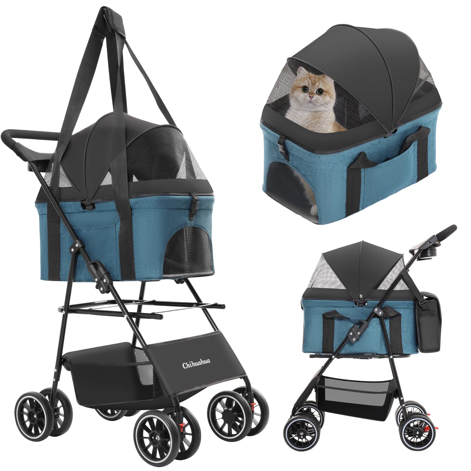 2-in-1 Foldable Pet Stroller with Canopy, 4 Wheels Pet Strolling Cart for Small/Medium Dogs and Cats with Removable Carrier,Brea