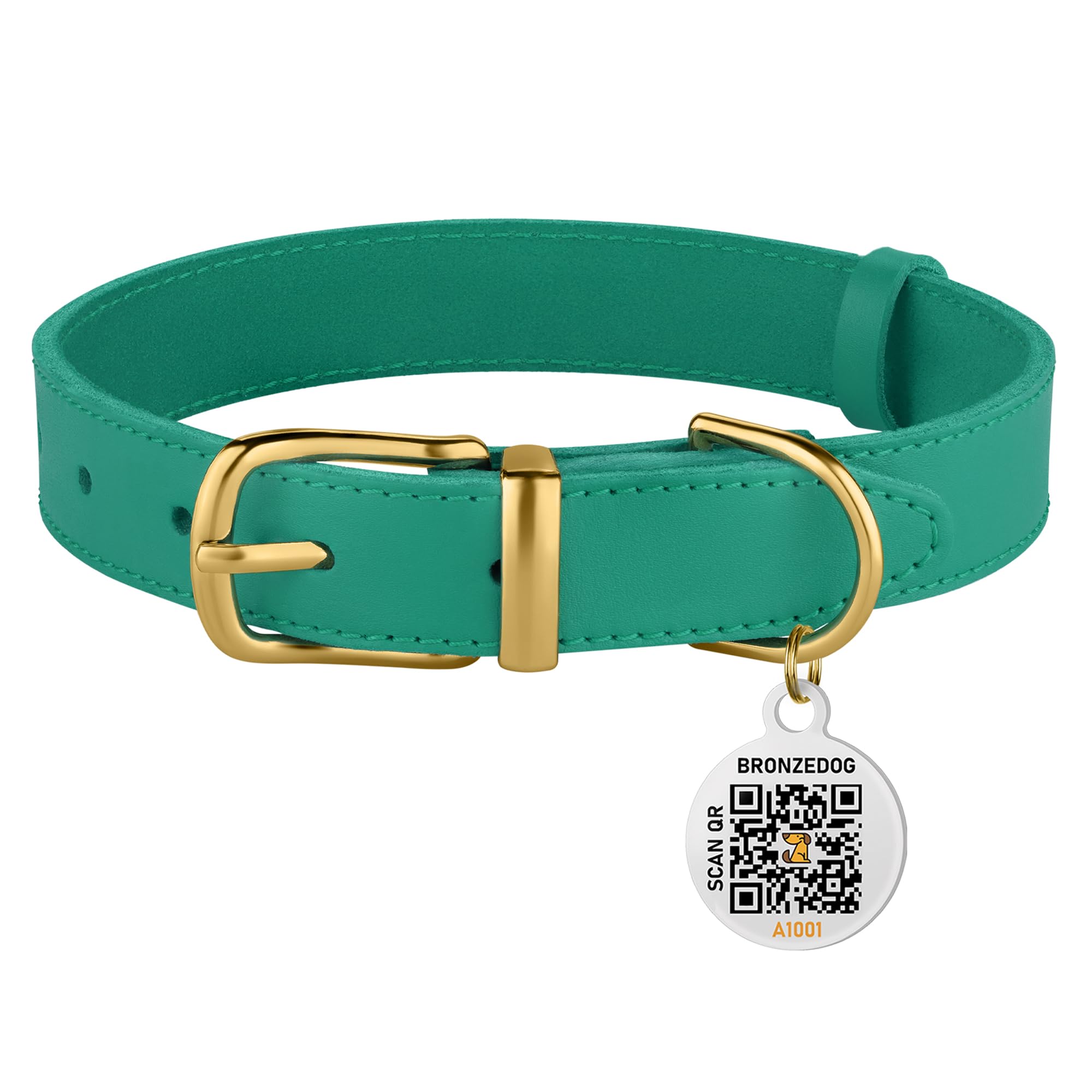 Bronzedog Leather Dog Collar With Qr Id Tag Basic Pet Collars For Small Mini Dogs Cats Puppies (7-9 Inch (Pack Of 1), Green & Gold Buckle)