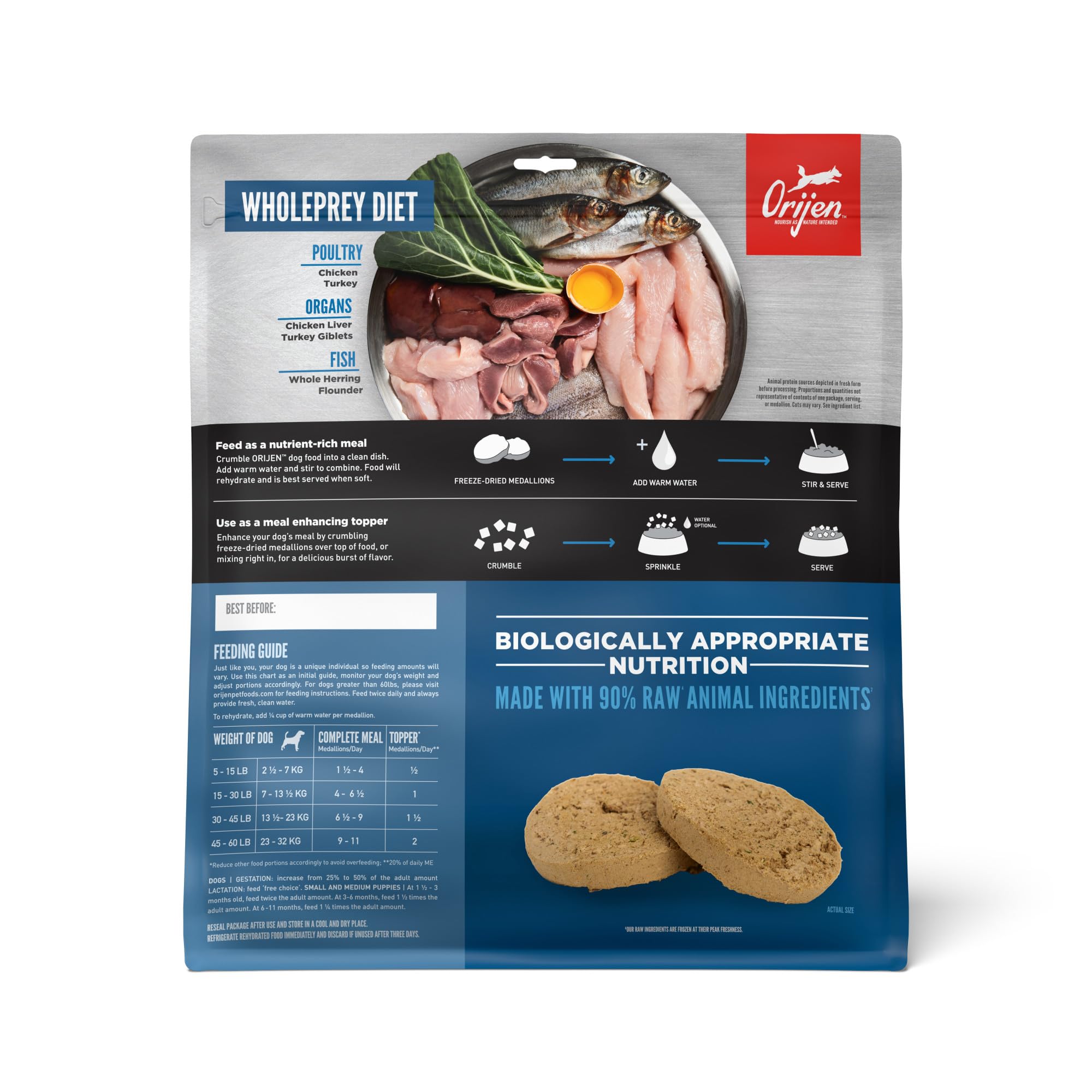 ORIJEN Original Freeze Dried Medallions, Grain Free Dry Dog Food and Topper, WholePrey Ingredients, 16 oz