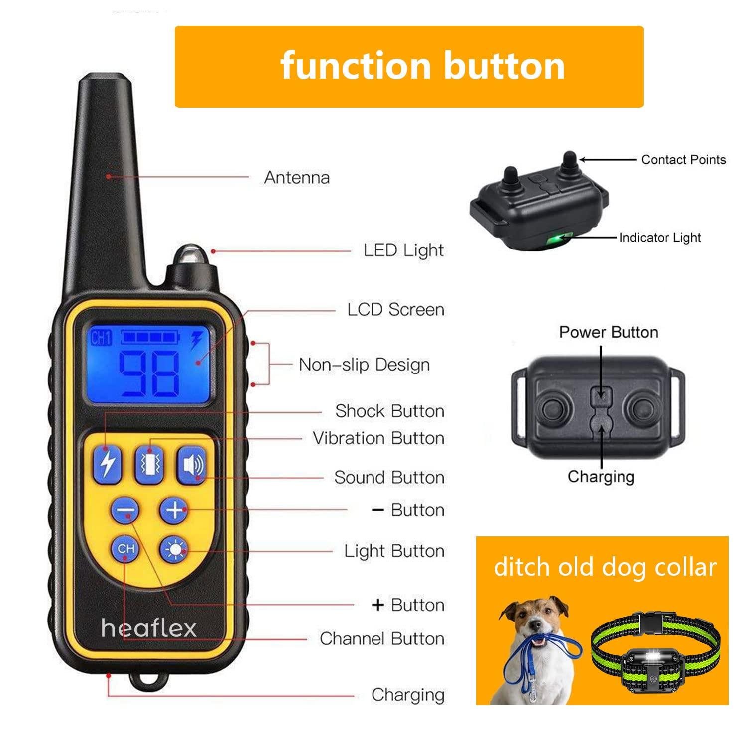 Heaflex Dog Shock Collar With Remote, Dog Training Electric Collar, Waterproof Rechargeable, 1640Ft Dog Shock Collar With Led Li