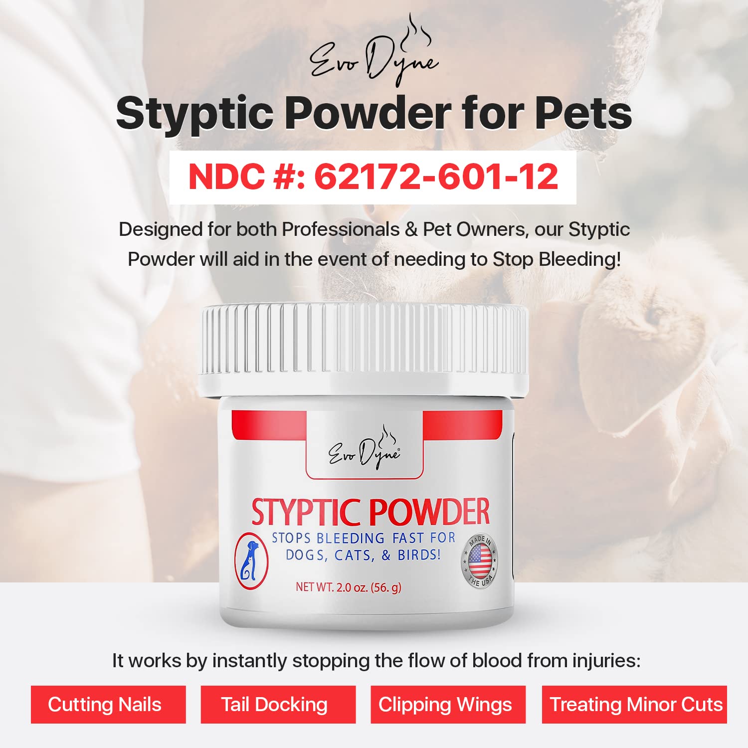 Styptic Powder for Dogs, Cats, and Birds (2 oz) by Evo Dyne | Fast-Acting Blood Stop for Pets | Quick Stop Bleeding Powder for D