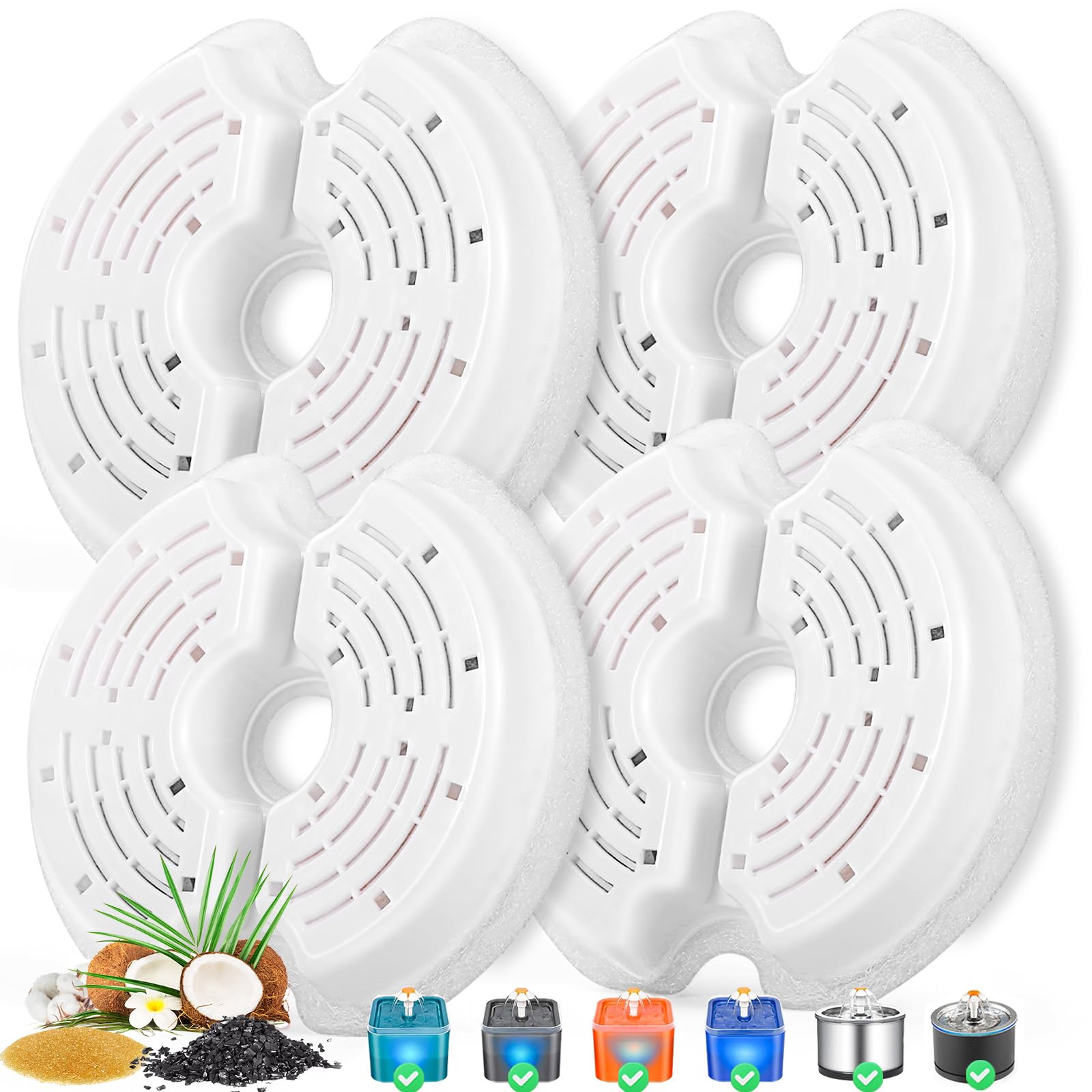 Cat Water Fountain Filters For 84Oz/2.5L Stainless Steel Pet Fountain And 67Oz/2.0L Plastic Cat Drinking Fountain, 4 Pack Pet Replacement Filters Set