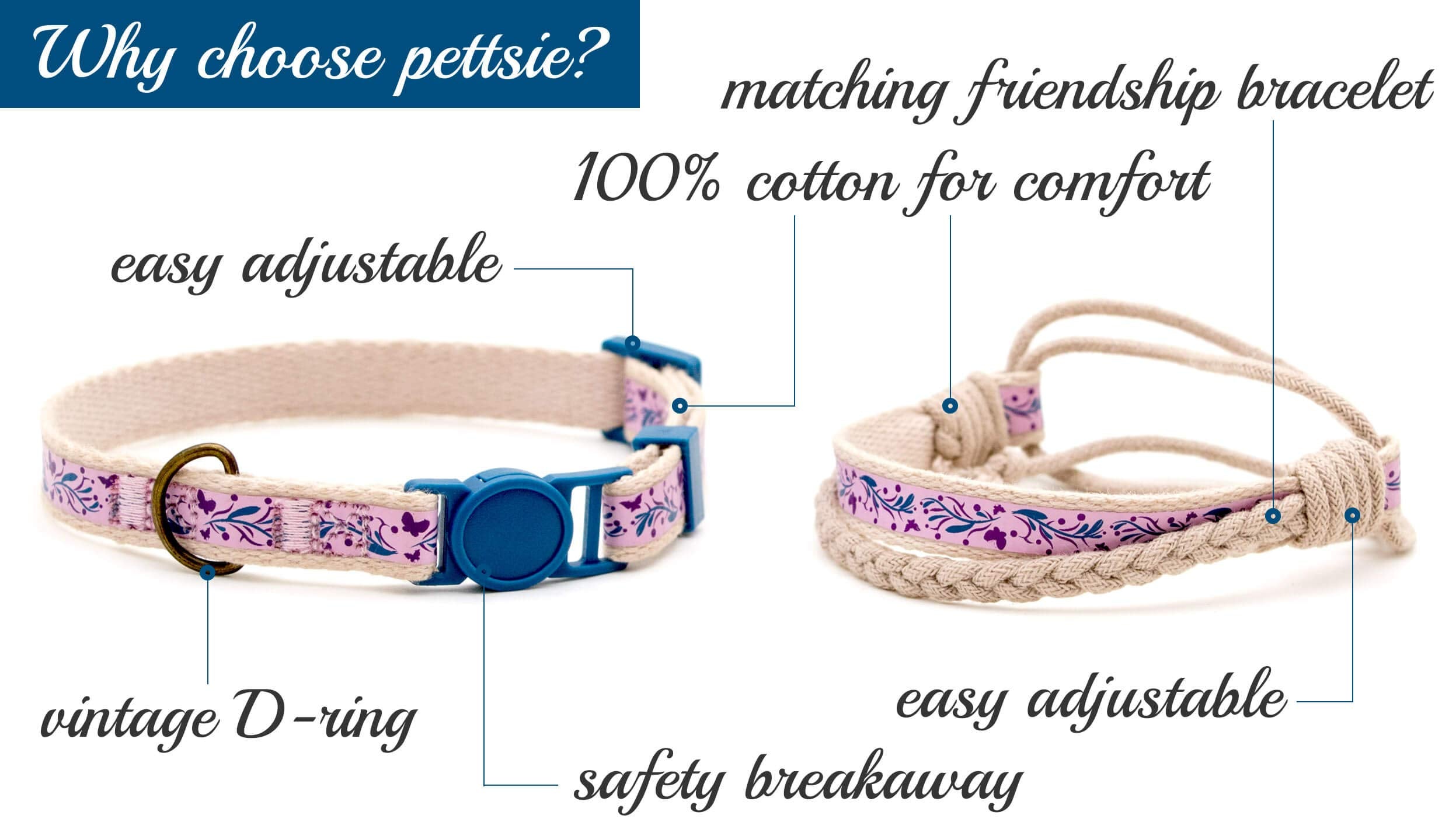 Pettsie Kitten Collar Set, Breakaway Safe Buckle, Matching Friendship Bracelet, Soft Cotton For Sensitive Skin, D-Ring For Accessories, Carton Box, Easy Adjustable 5-8 Inches Neck, Purple