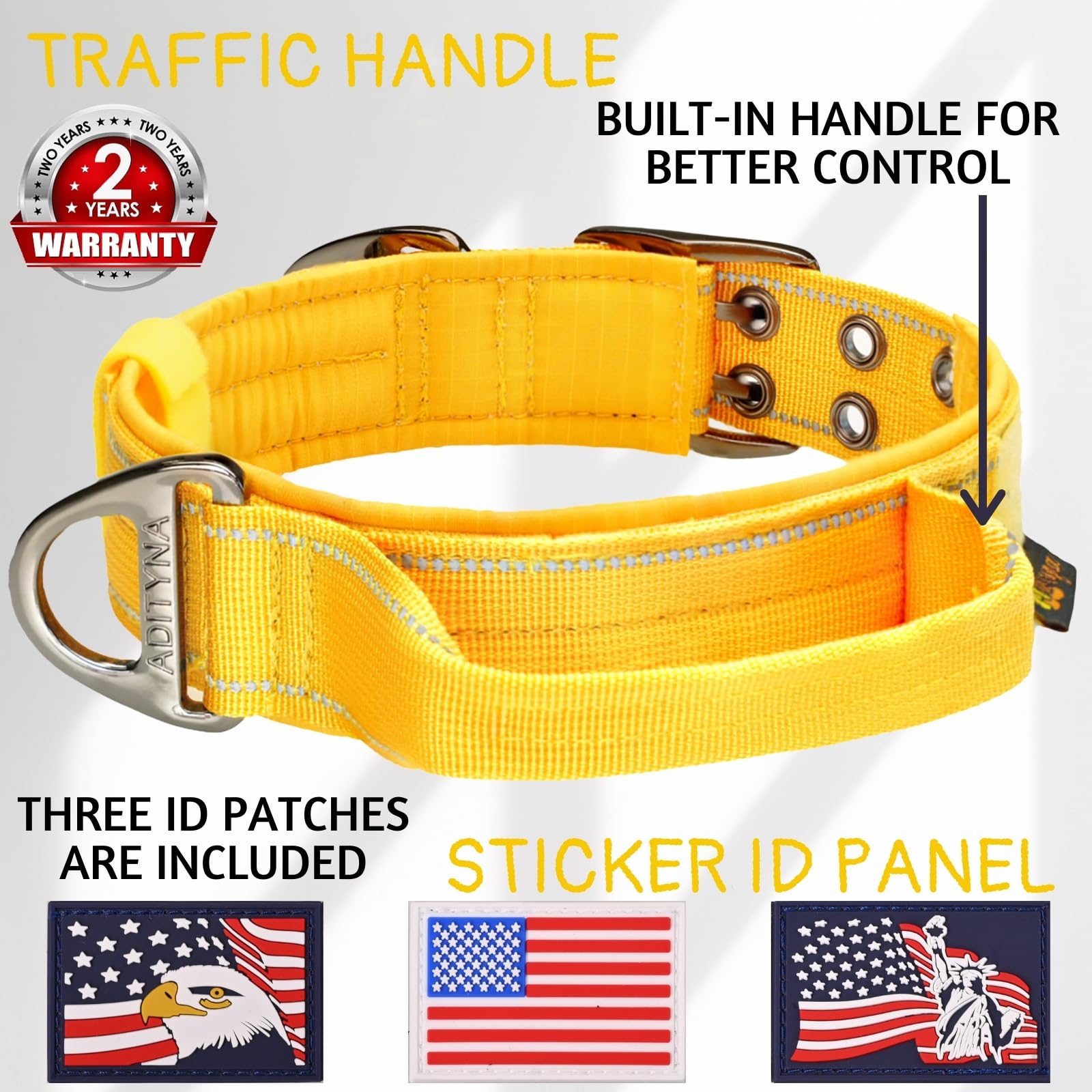 Adityna Heavy Duty Dog Collar For Medium Dogs - Reflective Yellow Collar With Handle For Training, And Walking - Wide, Thick, Ta