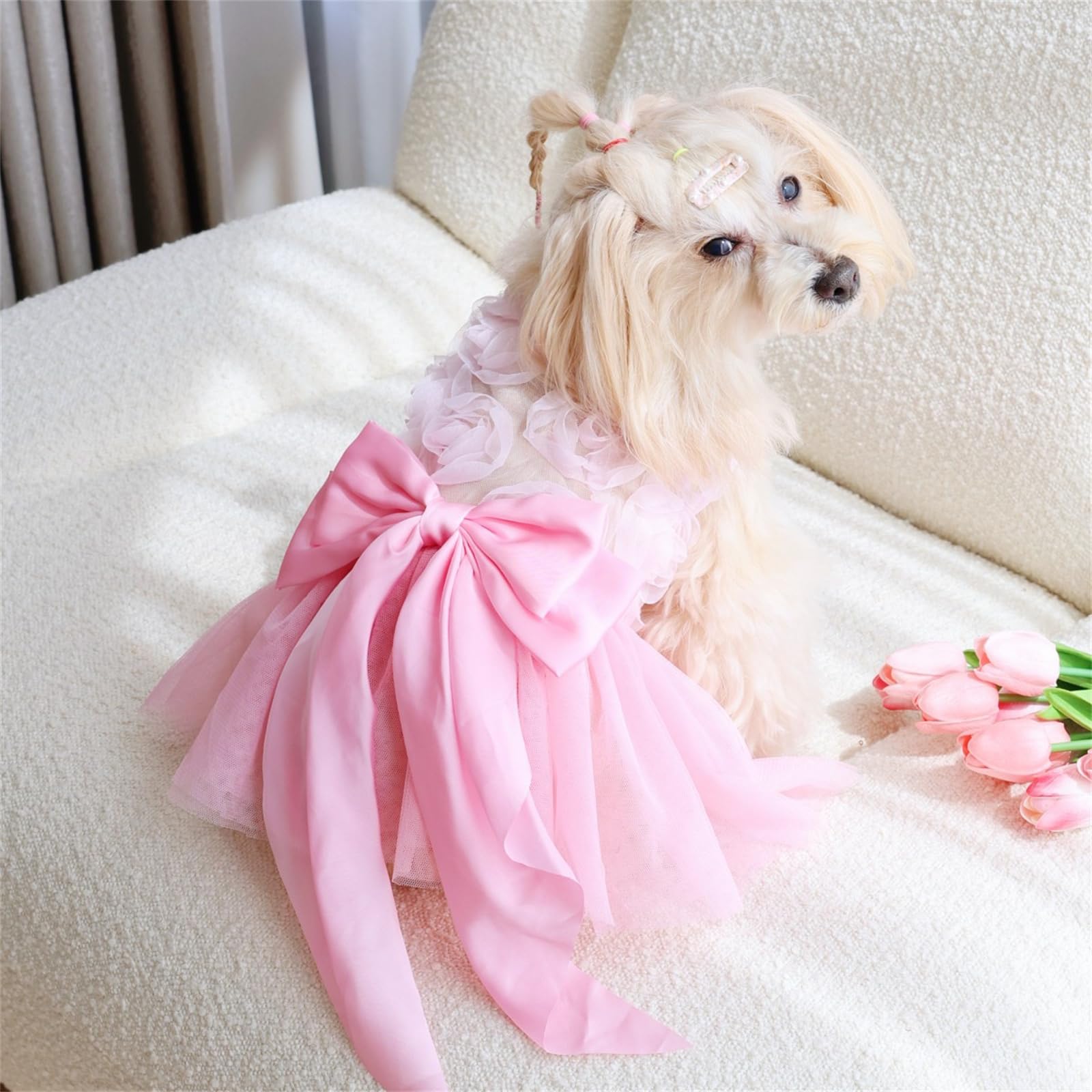 Yaopelky Small Dog Wedding Dresses Rose Flower Bowknot Dog Cat Dress Puppy Tulle Dress Doggie Tutu Skirt Cat Outfit Pet Costume
