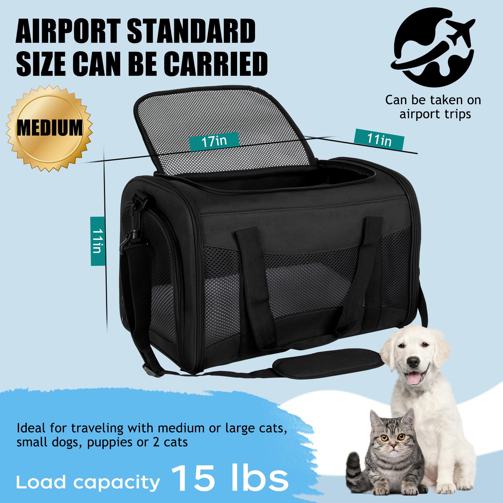 Yipincover Carriers Soft-Sided Pet Carrier For Cats Dogs Under 15 Lbs,Tsa Airline Approved With 4 Ventilated Windows(Medium,Blac