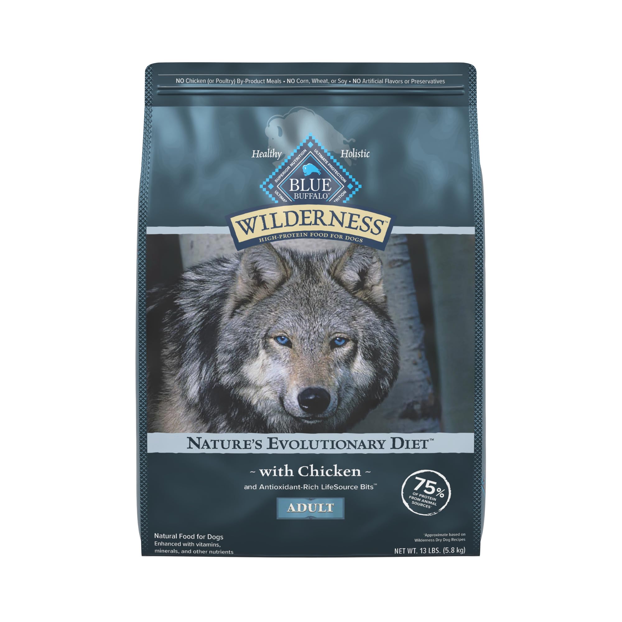 Blue Buffalo Wilderness Natural High-Protein Dry Food for Adult Dogs, Chicken Recipe, 13-lb. Bag