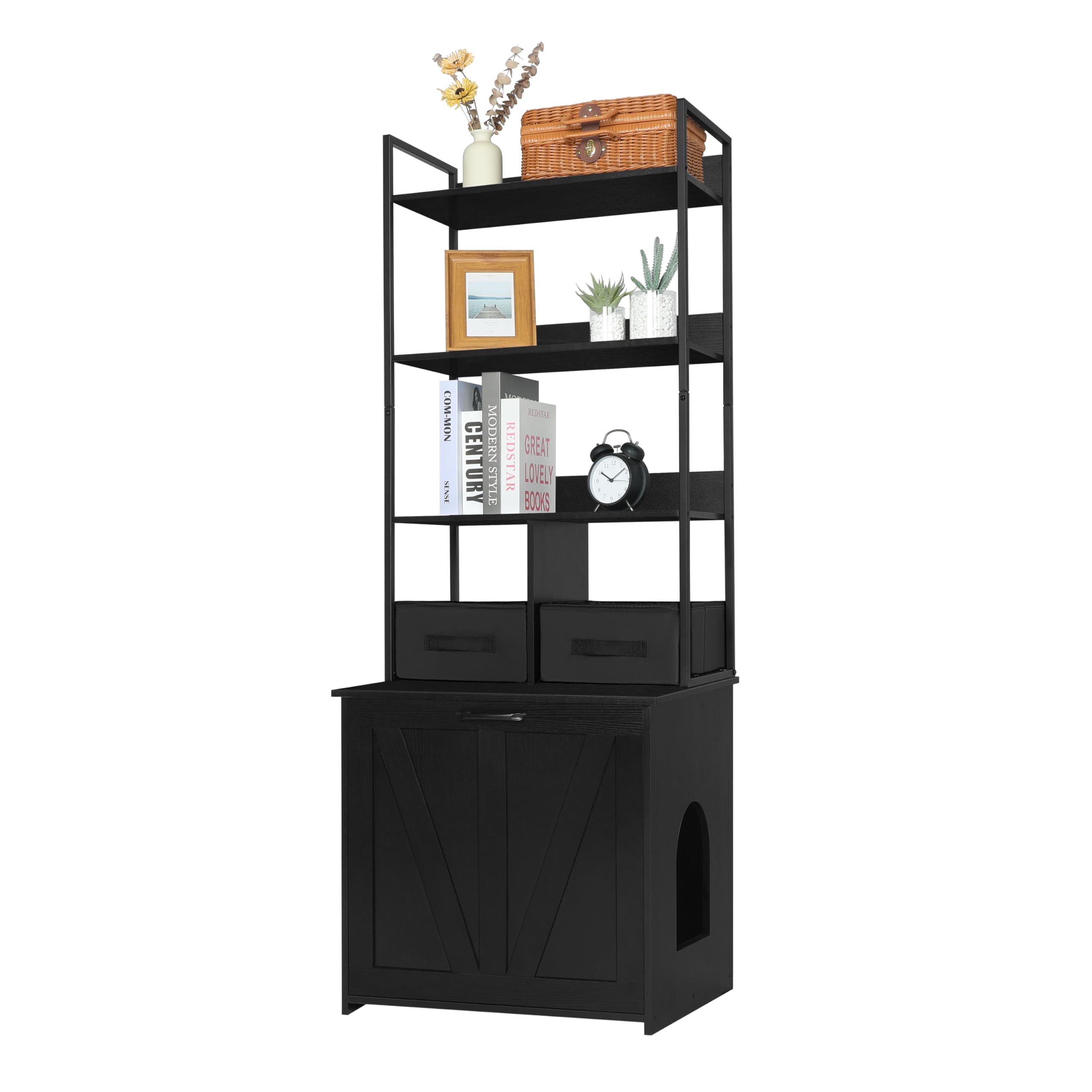 Dwanton Litter Box Enclosure with 3 Storage Shelves and 2 Drawers, 2-in-1 Hidden Cat Litter Box Enclosure Furniture with Shelf, 