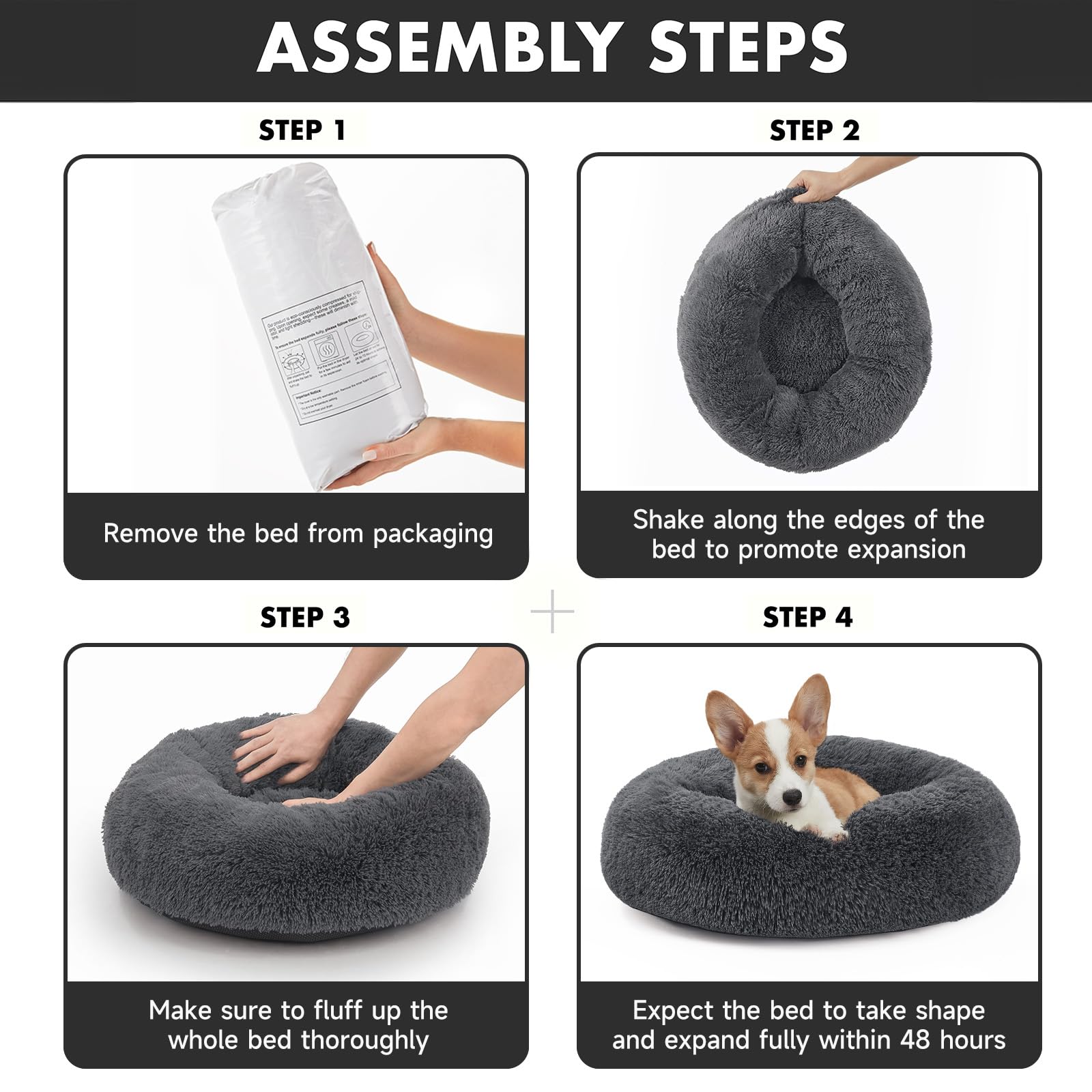 Ohgeni Calming Donut Dog Bed Pillow For Small Medium Pets, Machine Washable Removable Cover, Comfort Plush Fluffy Faux Fur With Anti-Slip Bottom, Cats-Friendly Round Cuddly Design, Gray, 23 Inches