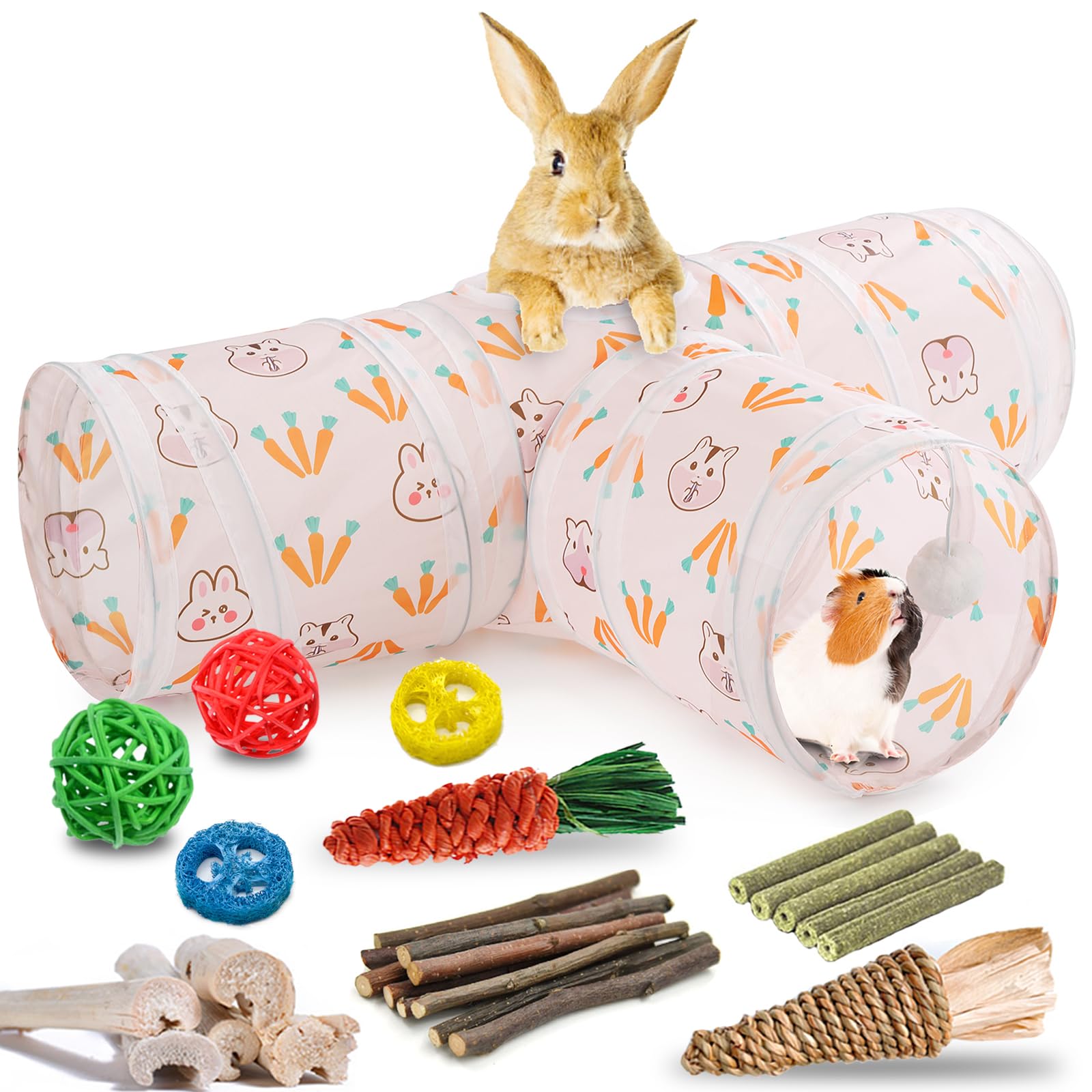 Hercocci Rabbit Toys, Bunny Tunnels & Tubes, Collapsible 3 Way Rabbit Hideout Tunnel With Chew Toys For Bunny Guinea Pig Ferret 