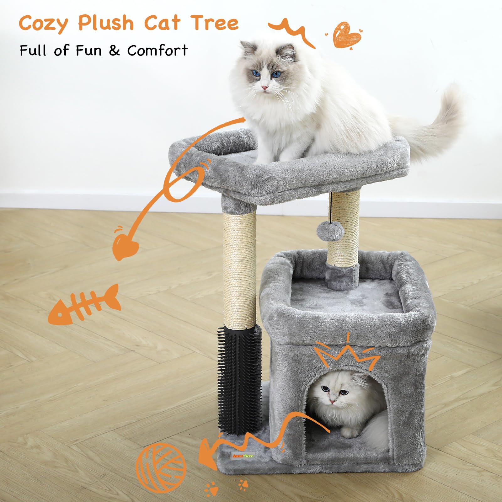 Innsfurr Small Cat Tree With Scratching Post Indoor, Cat Trees For Indoor, Cat Tower With Condo, Plush Cozy Perch, Massage Brush