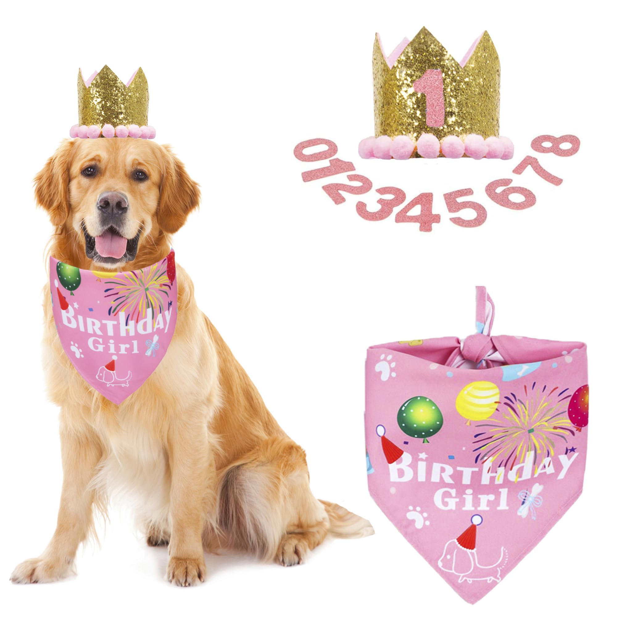 ADOGGYGO Dog Bandana Hat Set for Birthday Party Supply, Boy Girl Pet Birthday Scarf for Extra Large Dog (X-Large, Pink)