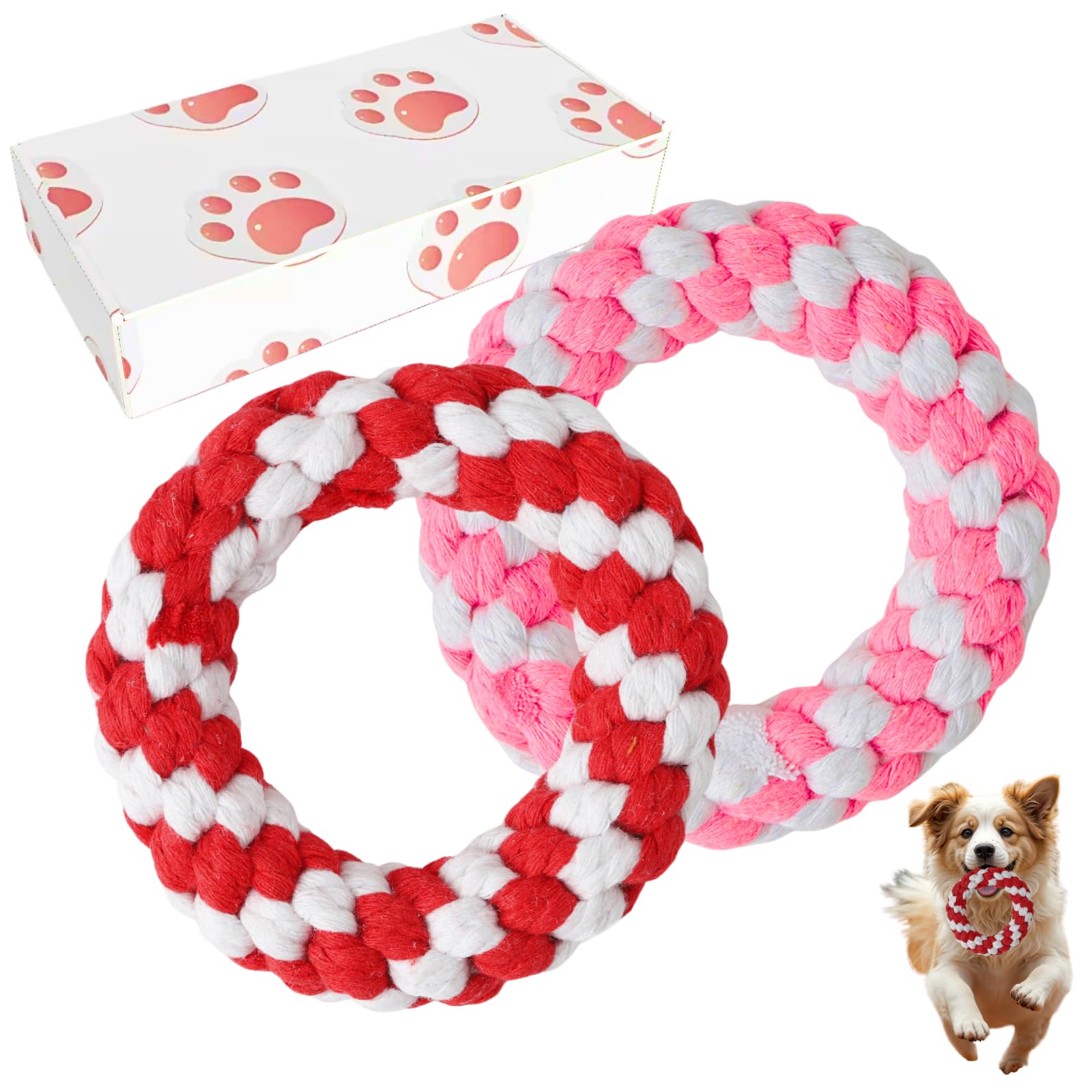 Autumnnest Woven Round Donut Pet Rope Toys Set, 2-Pack (Red & Pink) 4.8-Inch Durable Cotton Pet Chew Toys For Dogs & Cats, Heavy