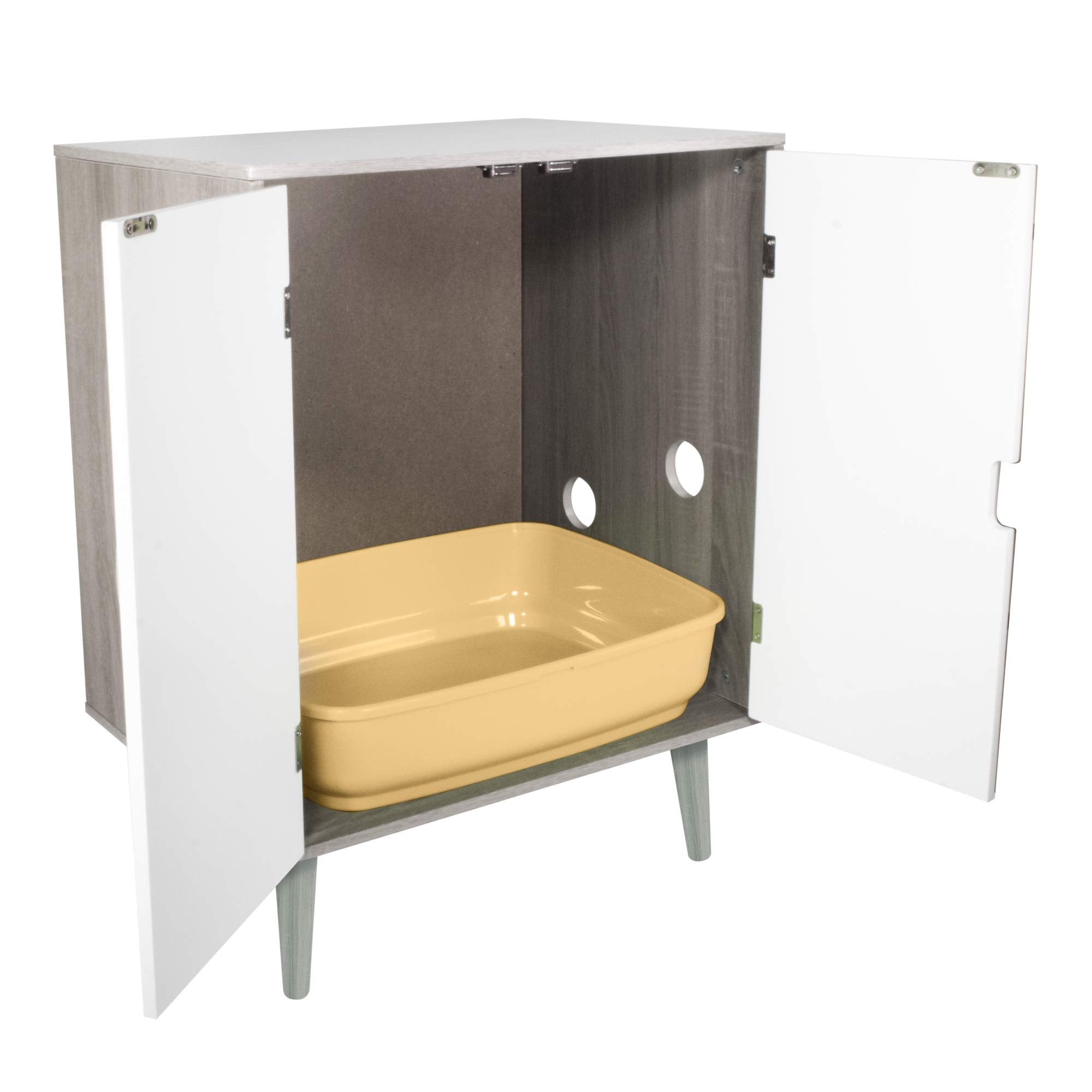 Penn-Plax Hidden Cat Litter Box Cabinet | Modern Enclosed Furniture For Indoor Cats | Grey Wooden Grain With White Doors (Catff2