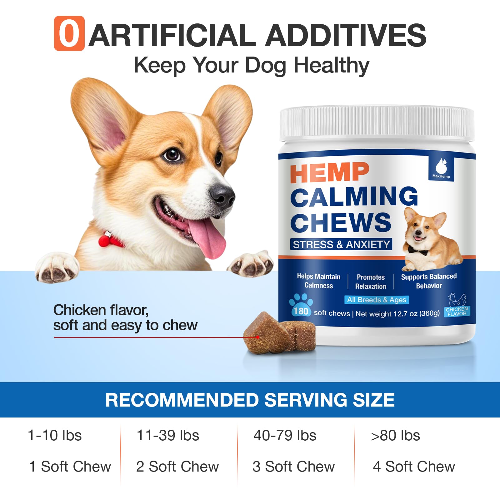 MaxHemp Calming Chews for Dogs - 180 Soft Treats for Anxiety Relief, Stress & Joint Support - Model MXDCC180 - Blue
