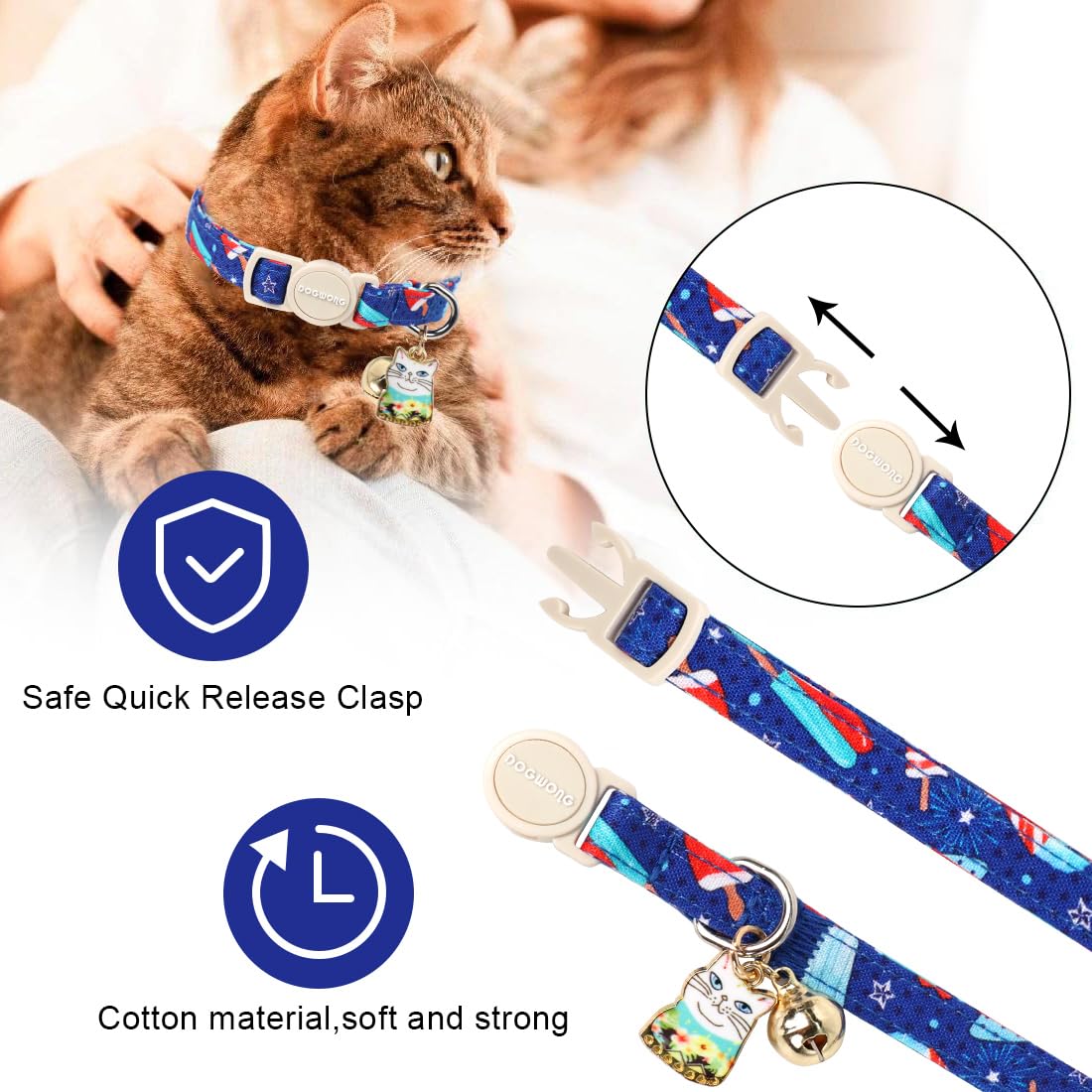 Cat Collar,2 Pack 4Th Og July Cat Collars Breakaway With Bell, Dogwong Safety Buckle Cat Collar For Girl Boy Cats And Small Dogs