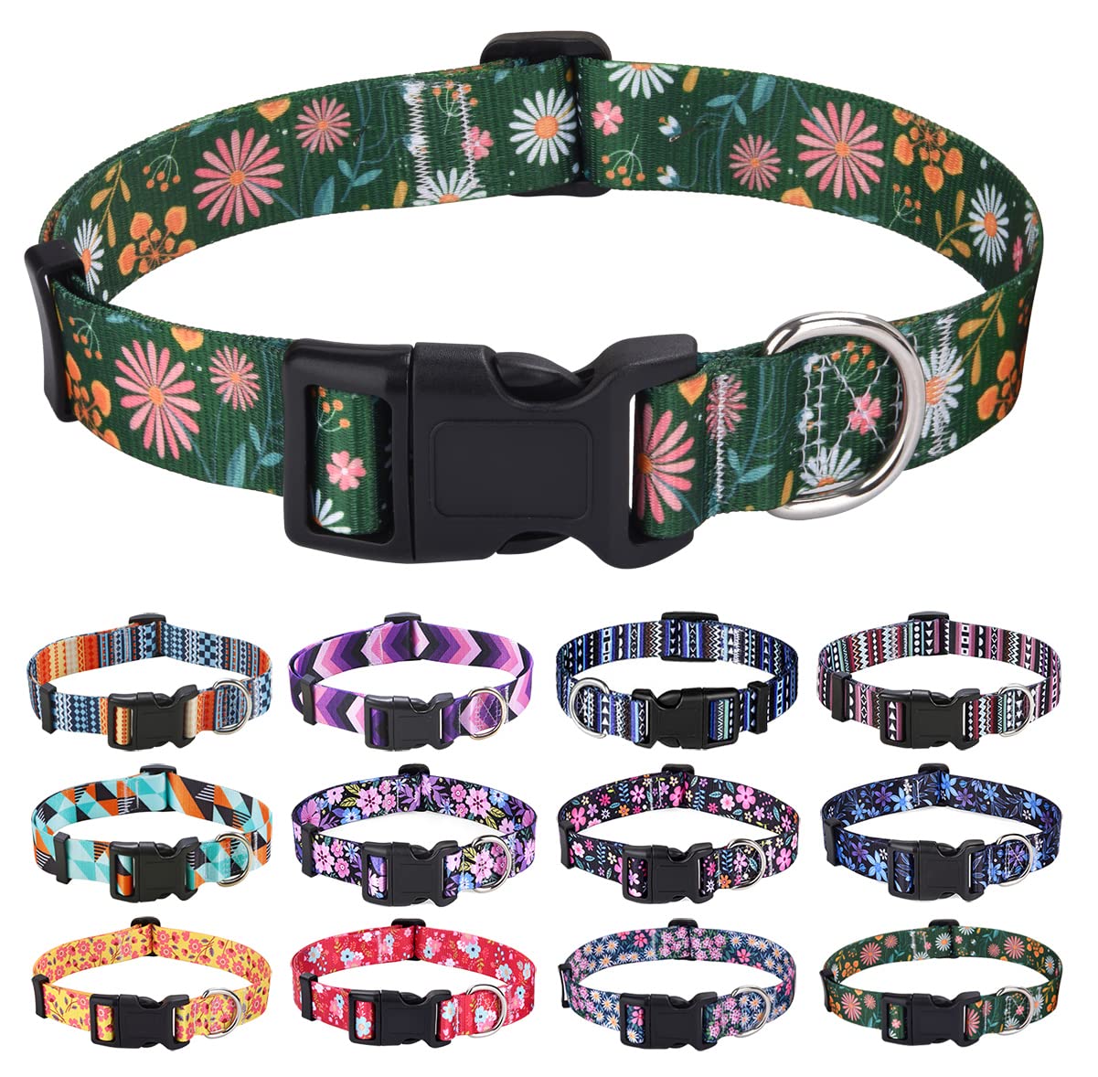 Mihqy Dog Collar With Bohemia Floral Tribal Geometric Patterns - Soft Ethnic Style Collar Adjustable For Small Medium Large Dogs(Dark Green Flower,Xs)