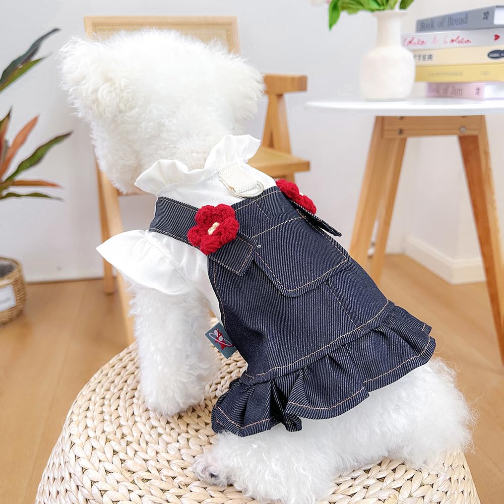 Aniac Denim Small Puppy Dress 3D Flowers Girl Dog Clothes With D-Ring And Pocket Female Cat Harness Dresses Cute Shih Tzu Yorkie