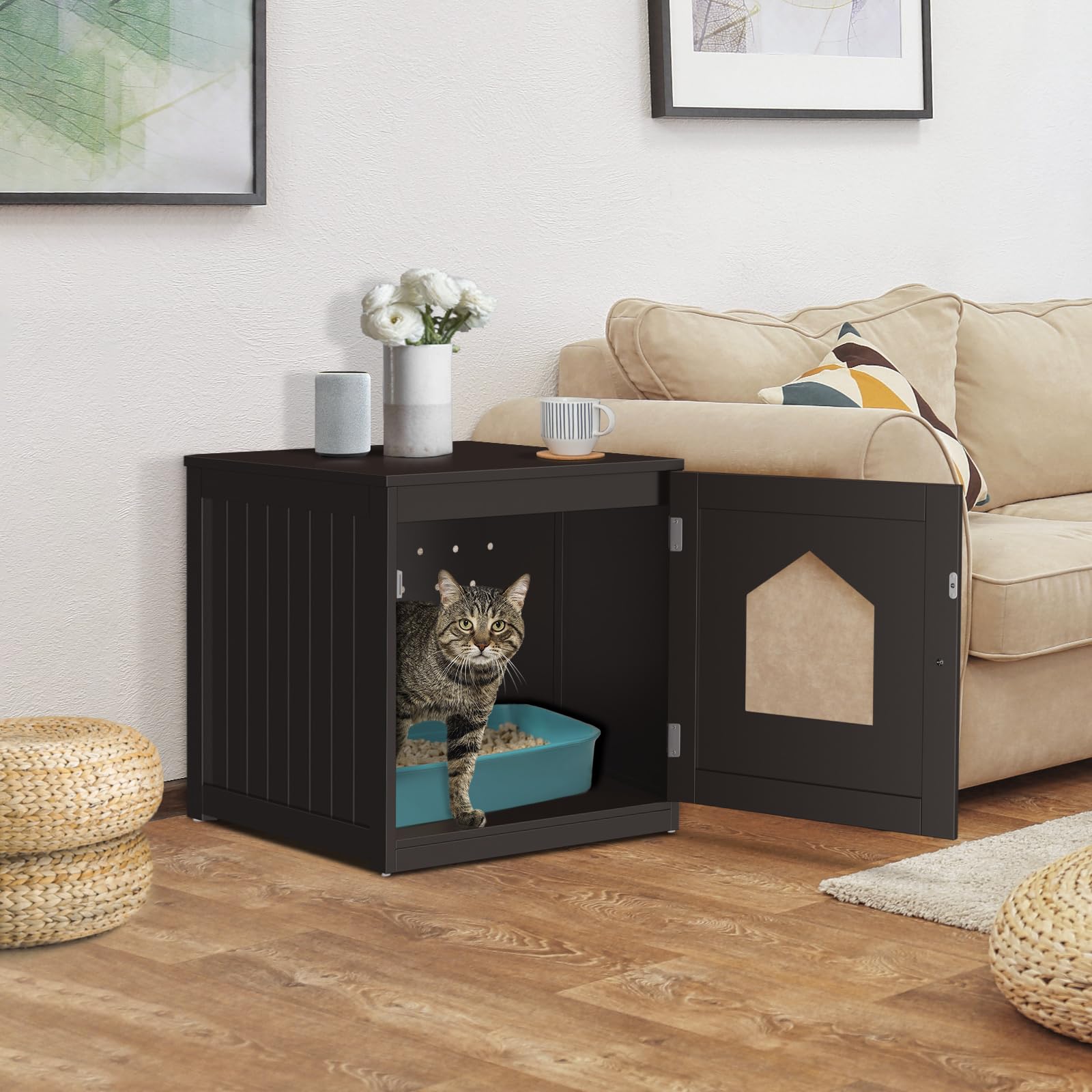Zeny Cat Litter Box Furniture Hidden, Enclosed Cat Litter Box With Vent Holes, Indoor Cat Box Cabinet, Wooden Cat Washroom, End