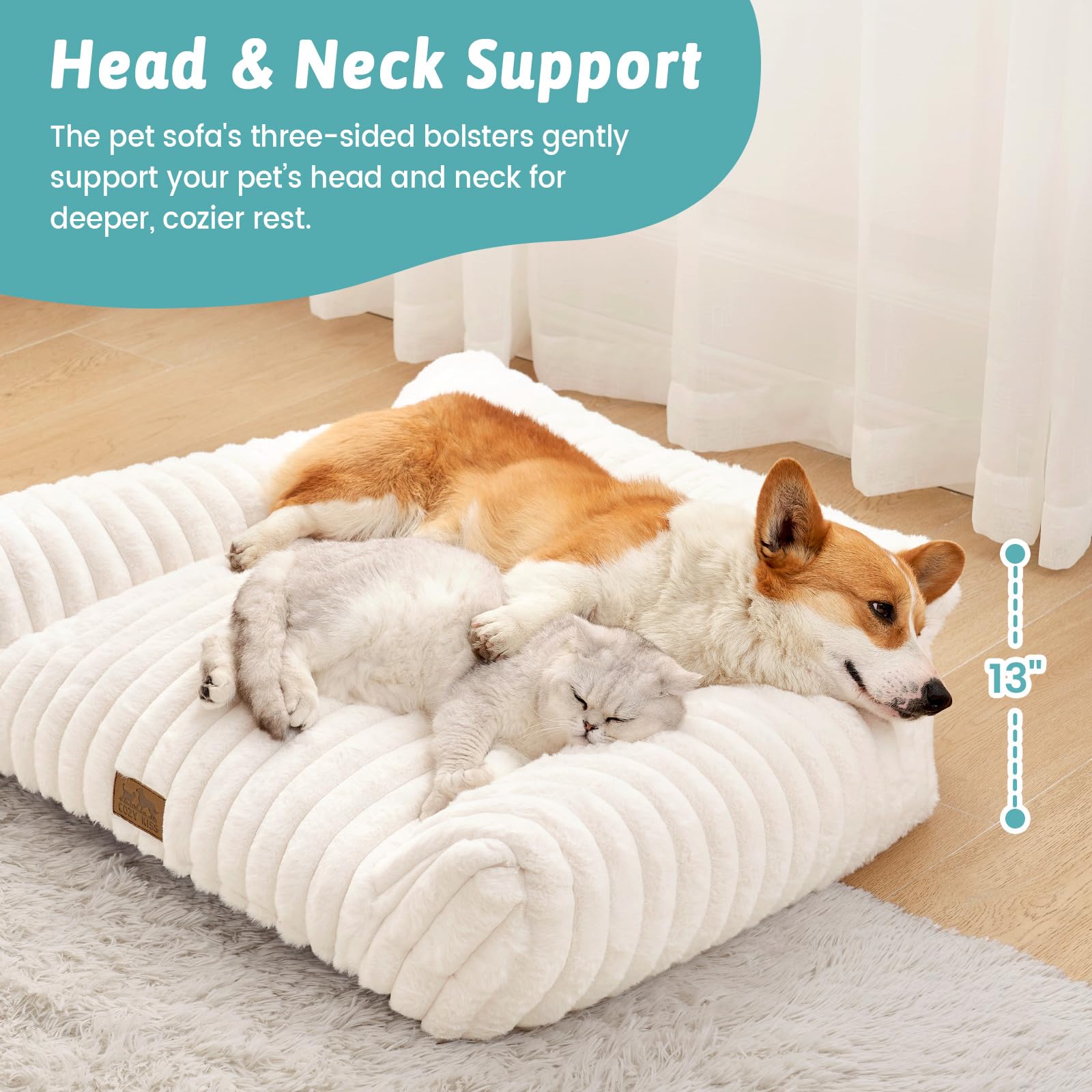 COZY KISS Cute Cat Couch, Premium Plush Faux Fur Pet Couch Bed, Ultra-Soft Pet Furniture for Cats & Small Dogs (Cream, M: 31.5