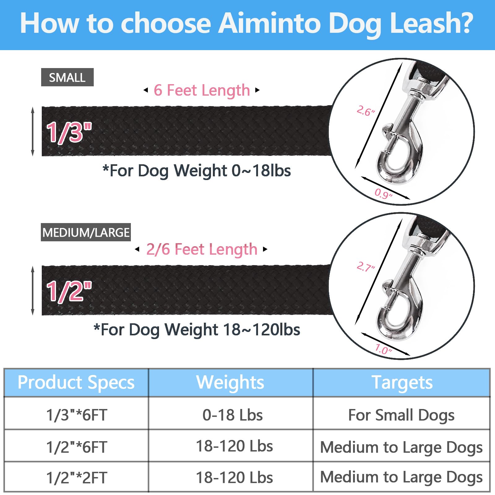 Aiminto Dog Leash, Braided Rope Traction - Walking Training Lead for Small Dogs ((1/3 '') x 6FT, Black)
