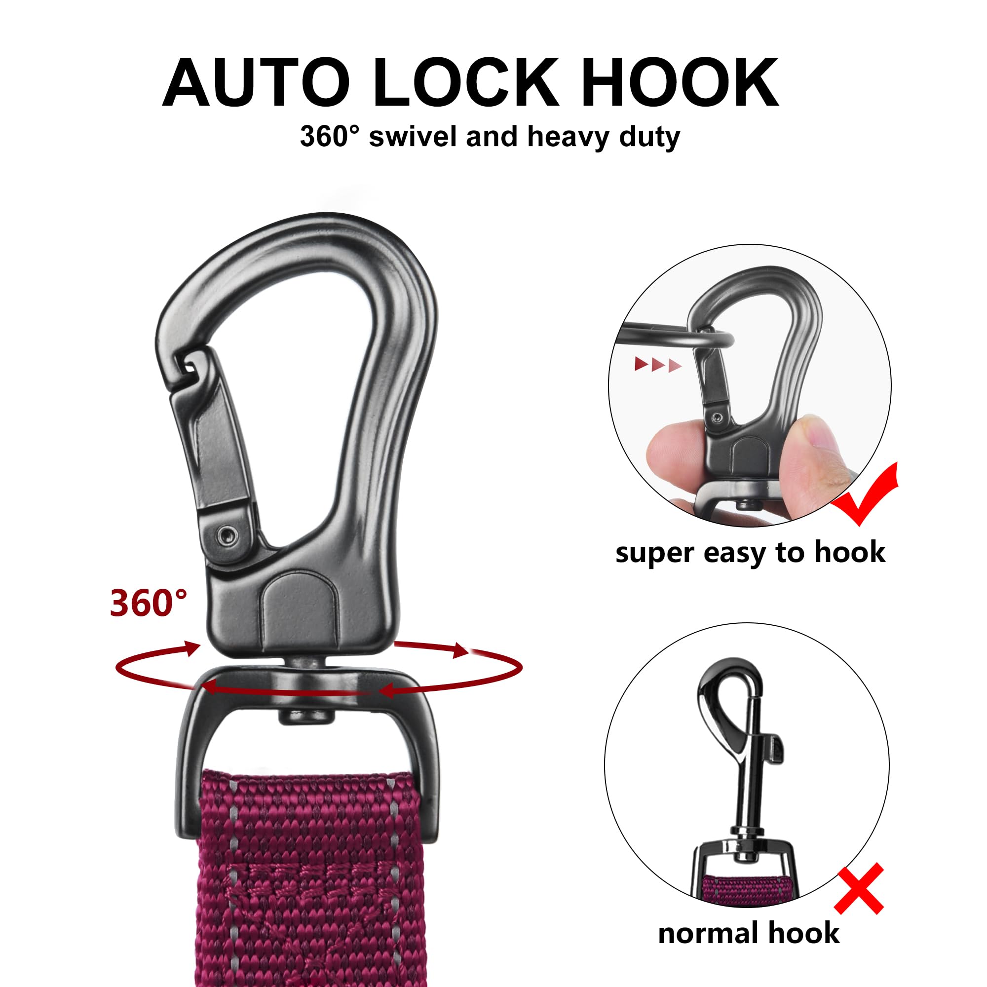 TwoEar Dog Leash - 4FT 1IN Nylon Rose with 2 Padded Handles & Reflective Auto Lock Hook for Small, Medium, and Large Dogs