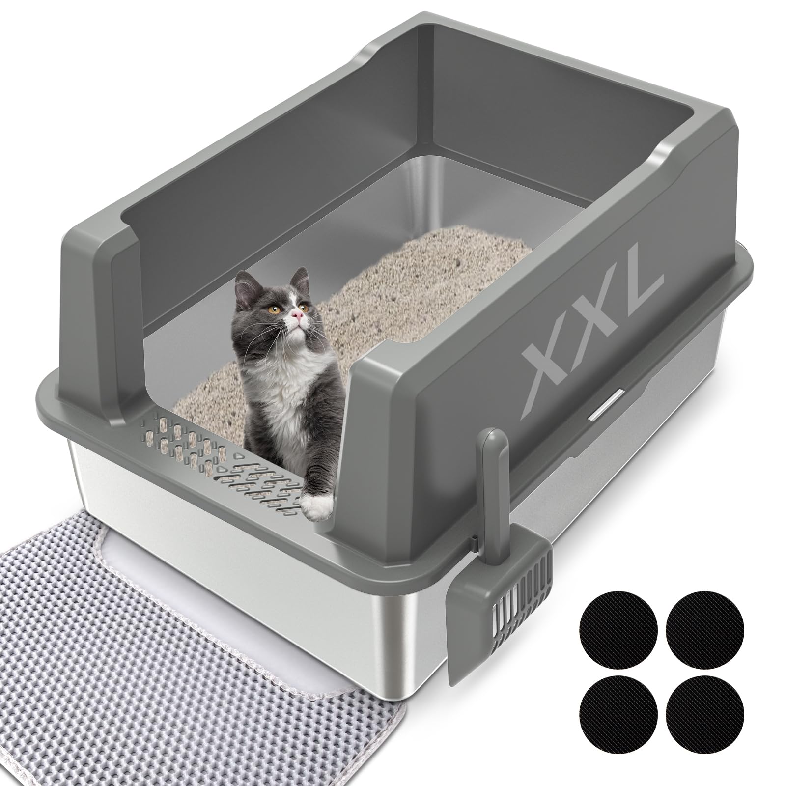 Stainless Steel Cat Litter Box With Lid, 28''X20''X14'' Xxl Extra Large High Sided Enclosure Metal Cat Litter Box, Anti-Leakage,