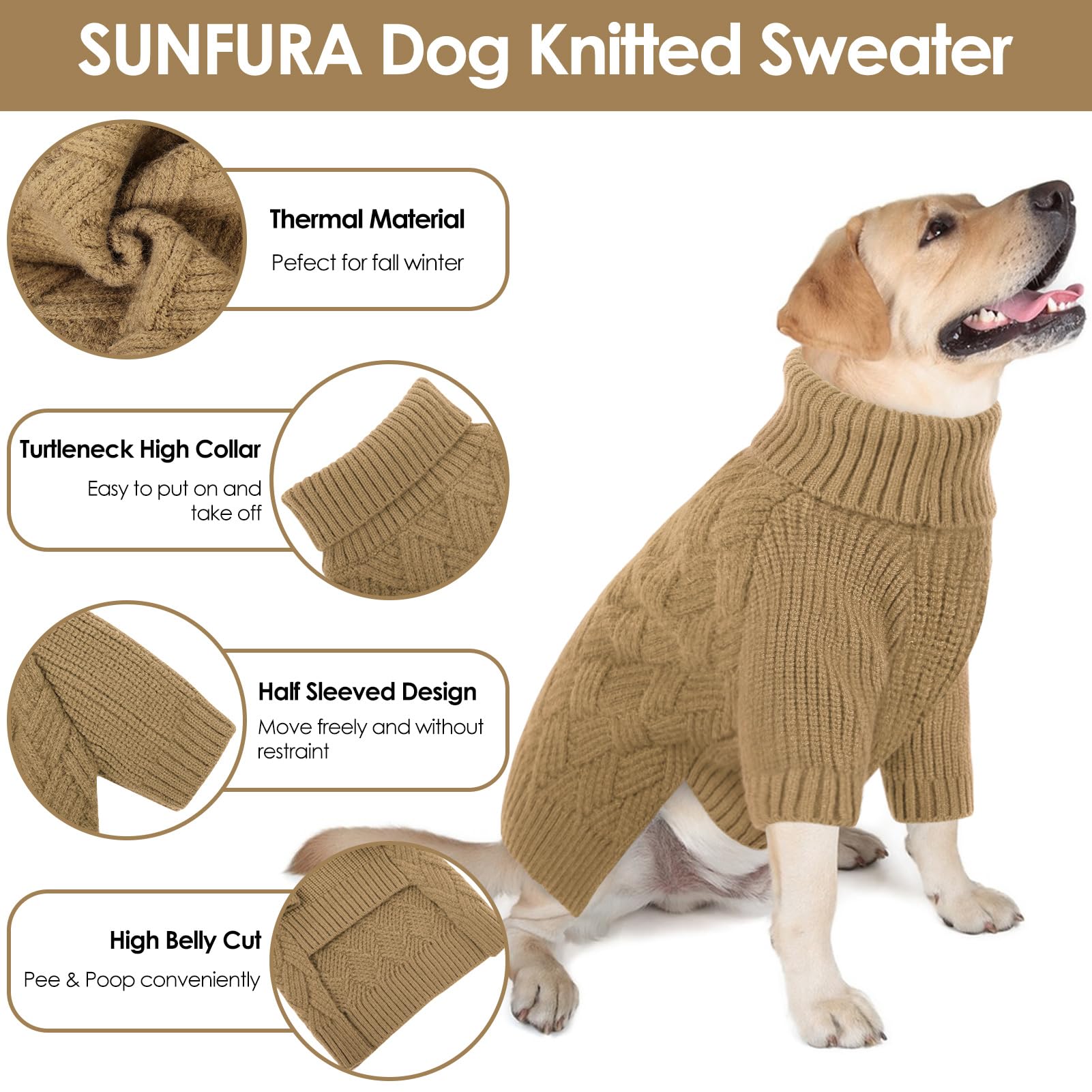 SUNFURA Dog Sweater for Large Pets - Warm Pullover for Boys, Christmas Winter Sweatshirt, Fall Knit Turtleneck for Corgi, French