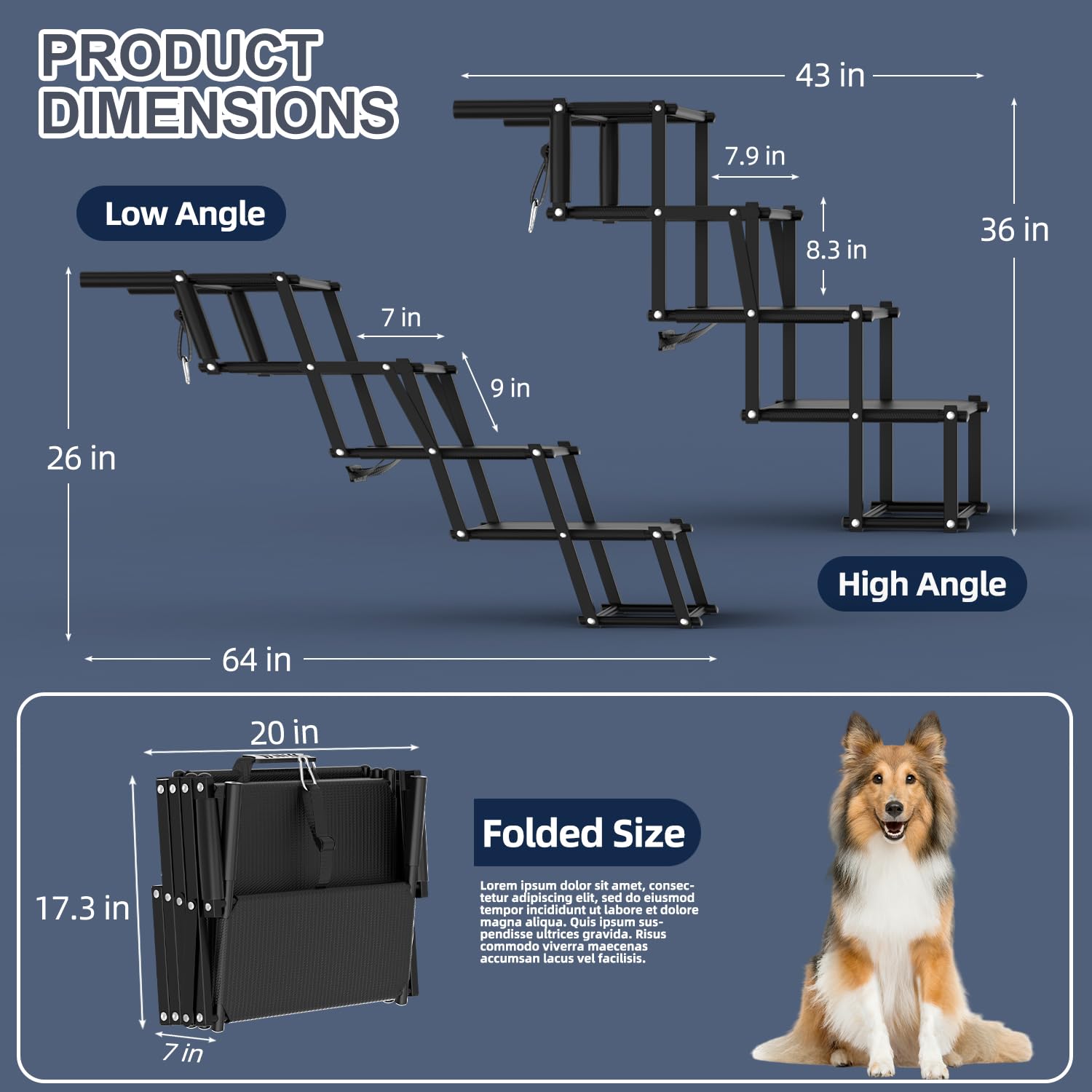 Petruna Extra Wide Dog Stairs For Car, Foldable Dog Ramp For Car With Non-Slip Surface, Lightweight Steps For Suv, High Beds, Tr