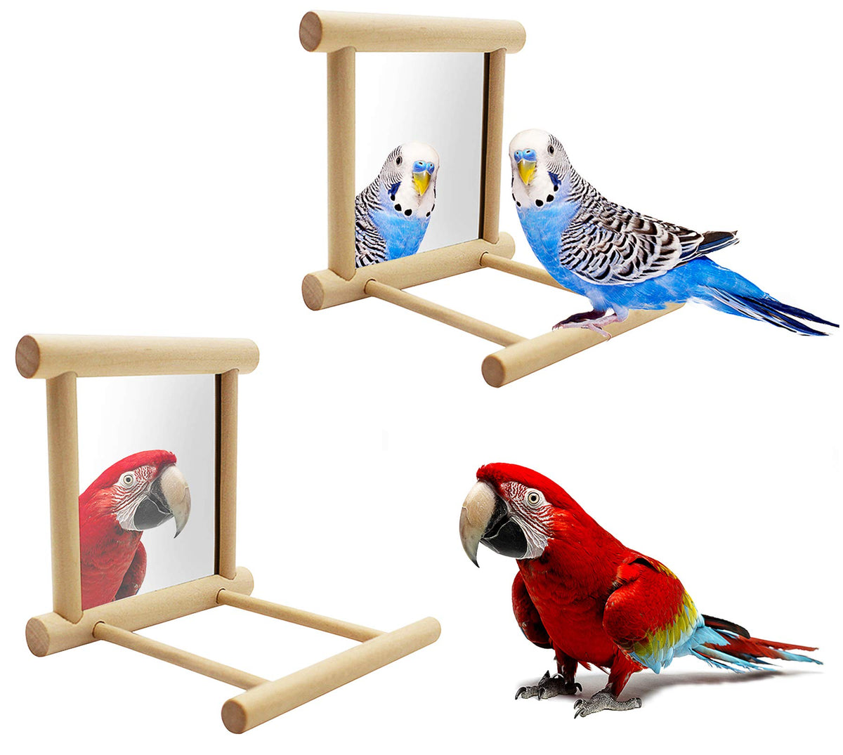 Blessed Family 2 Piece Bird Parakeet Mirror For Cage,Parrot Perch Stand,Wooden Hummingbird Swing Toy,Parakeet Accessories For Cockatiels Conure Finch Lovebird Canary African Grey Macaw