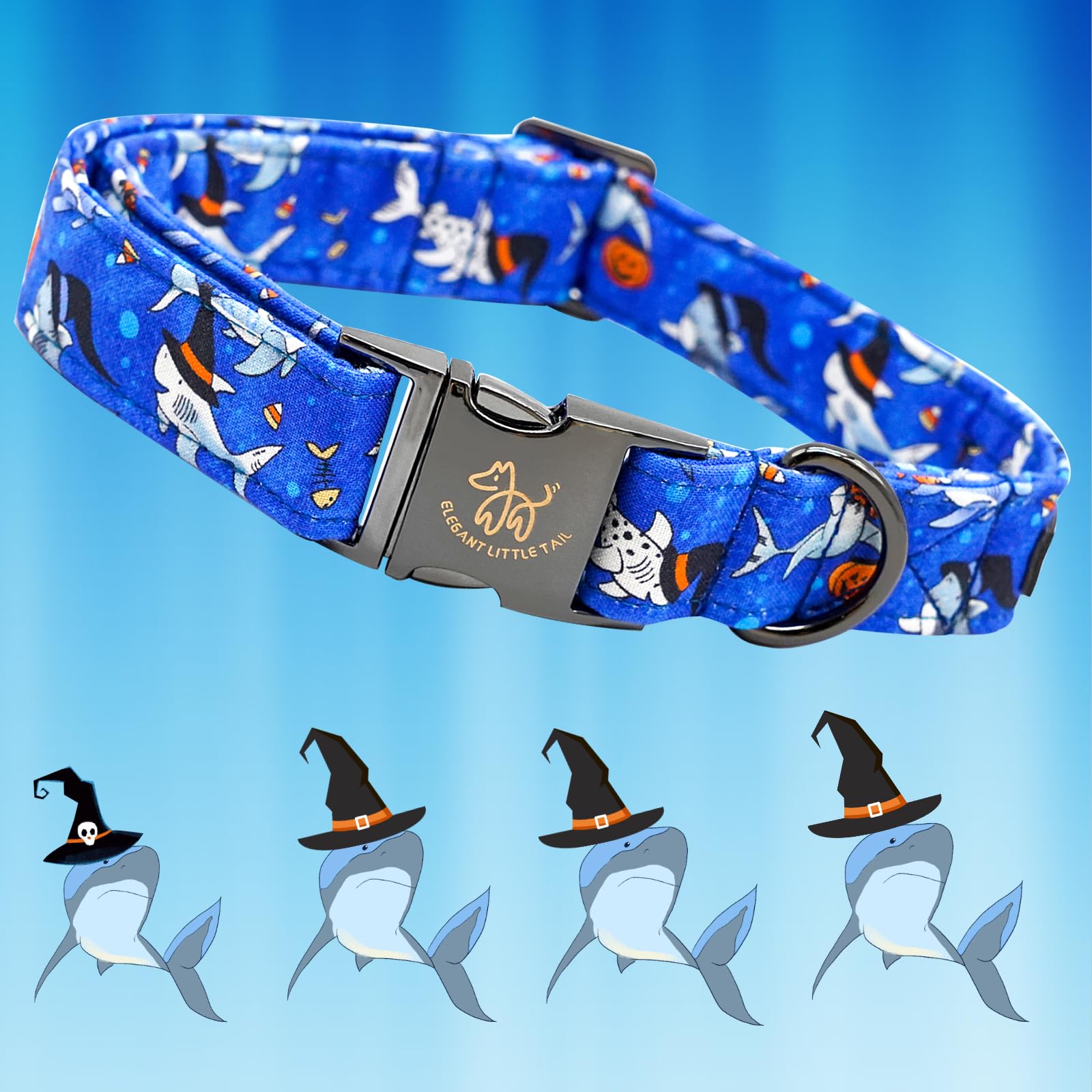 Elegant Little Tail Shark Print Halloween Puppy Collar - Cotton With Metal Buckle, Adjustable For X-Small Dogs