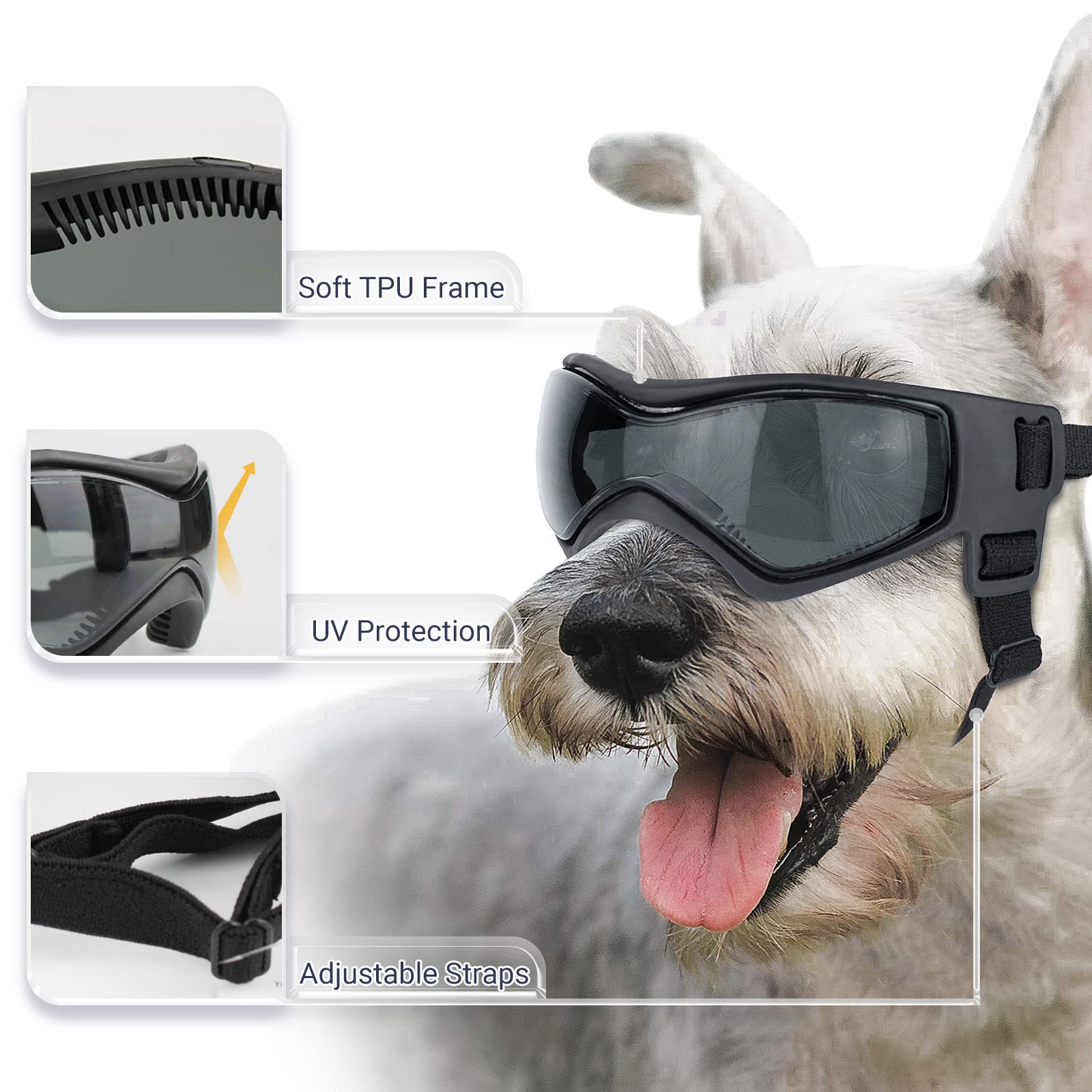 Namsan Dog Sunglasses Medium Breed, Uv Protection, Anti-Fog Dog Goggles For Small To Medium Dogs, Summer Windproof Dog Eye Protection, Winter Snow Eyewear, Easy Put-On/Adjustable, Cool Black