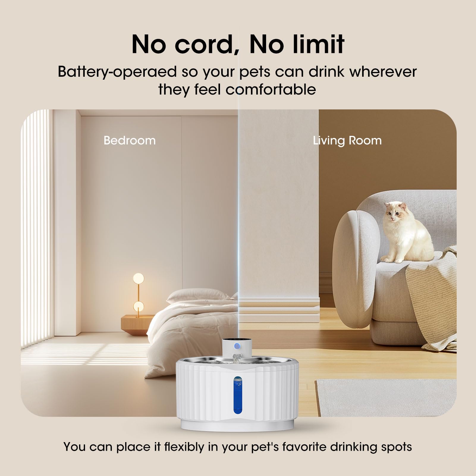 Jeeramia Wireless Cat Water Fountain, 95 Oz/2.8 L Battery Operated Pet Water Fountain For Cats Inside, Automatic Dog Water Fount