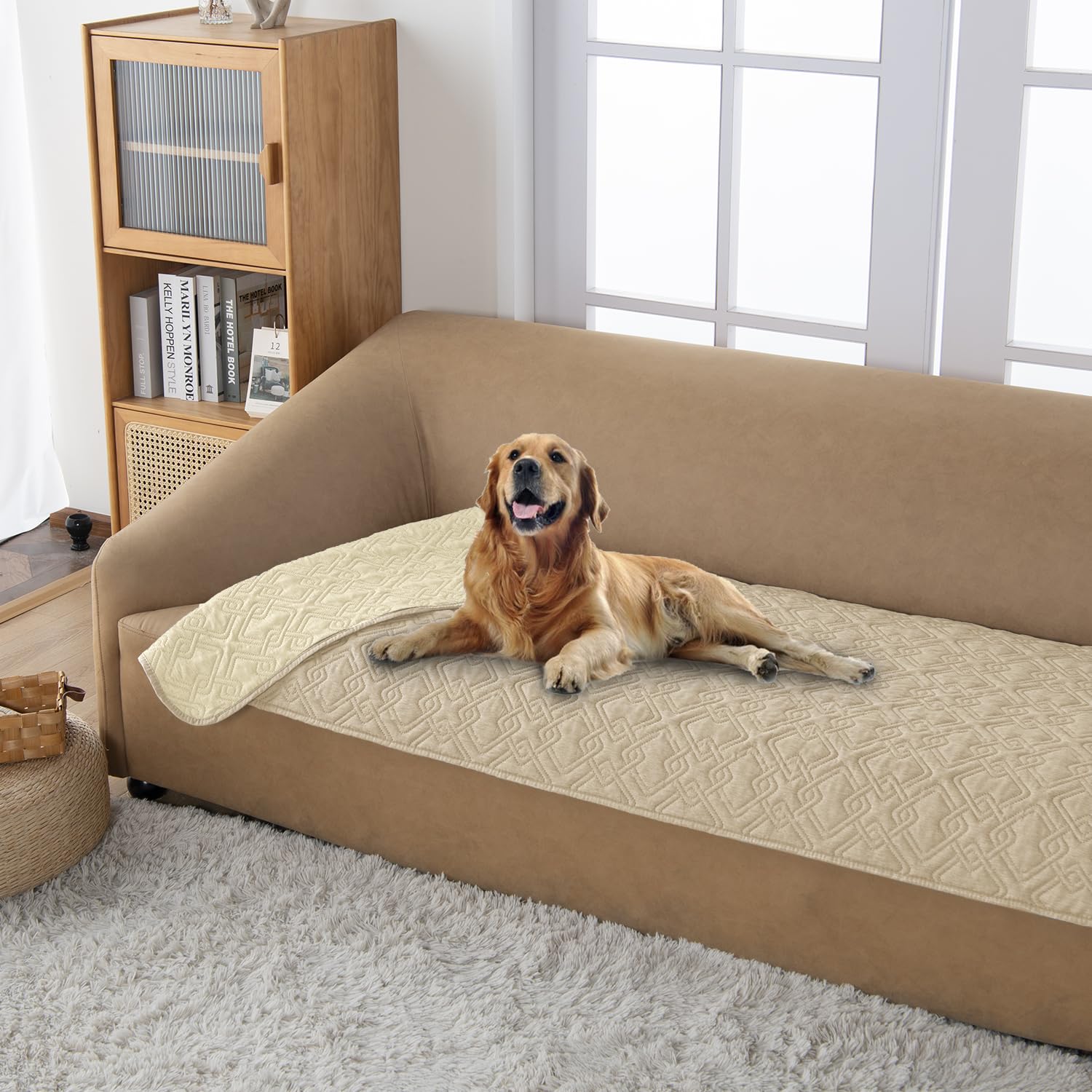 Fuguitex Waterproof Dog Bed Cover Dog Blanket For Pet Furniture Bed Couch Sofa Reversible Linen Texture(30''*70'',Cream+ Wheat)