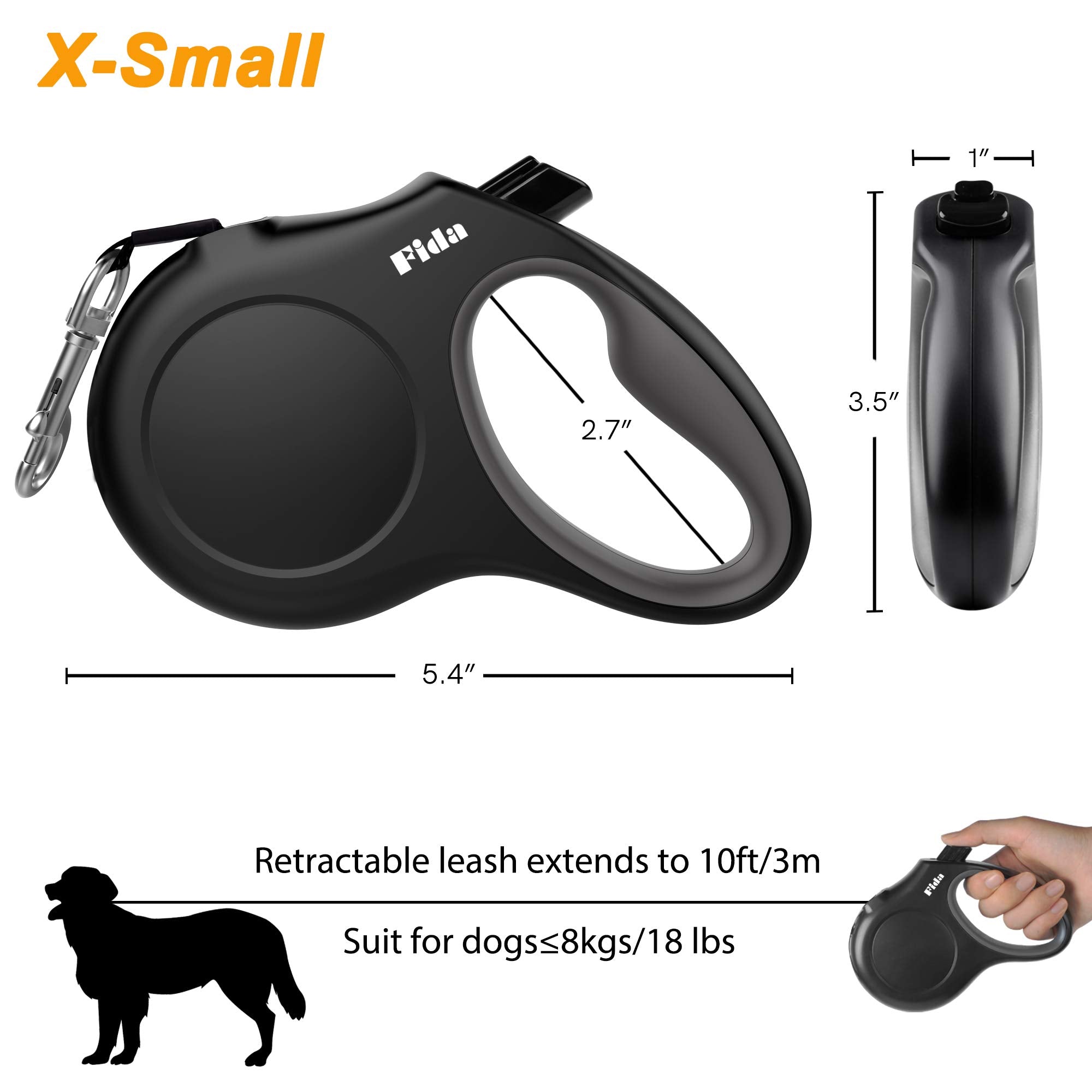 Fida Retractable Dog Leash With Dispenser And Poop Bags, 10 Ft Pet Walking Leash For X-Small Dog Or Cat Up To 18 Lbs, Anti-Slip Handle, Tangle Free, Reflective Nylon Tape (Xs, Black)