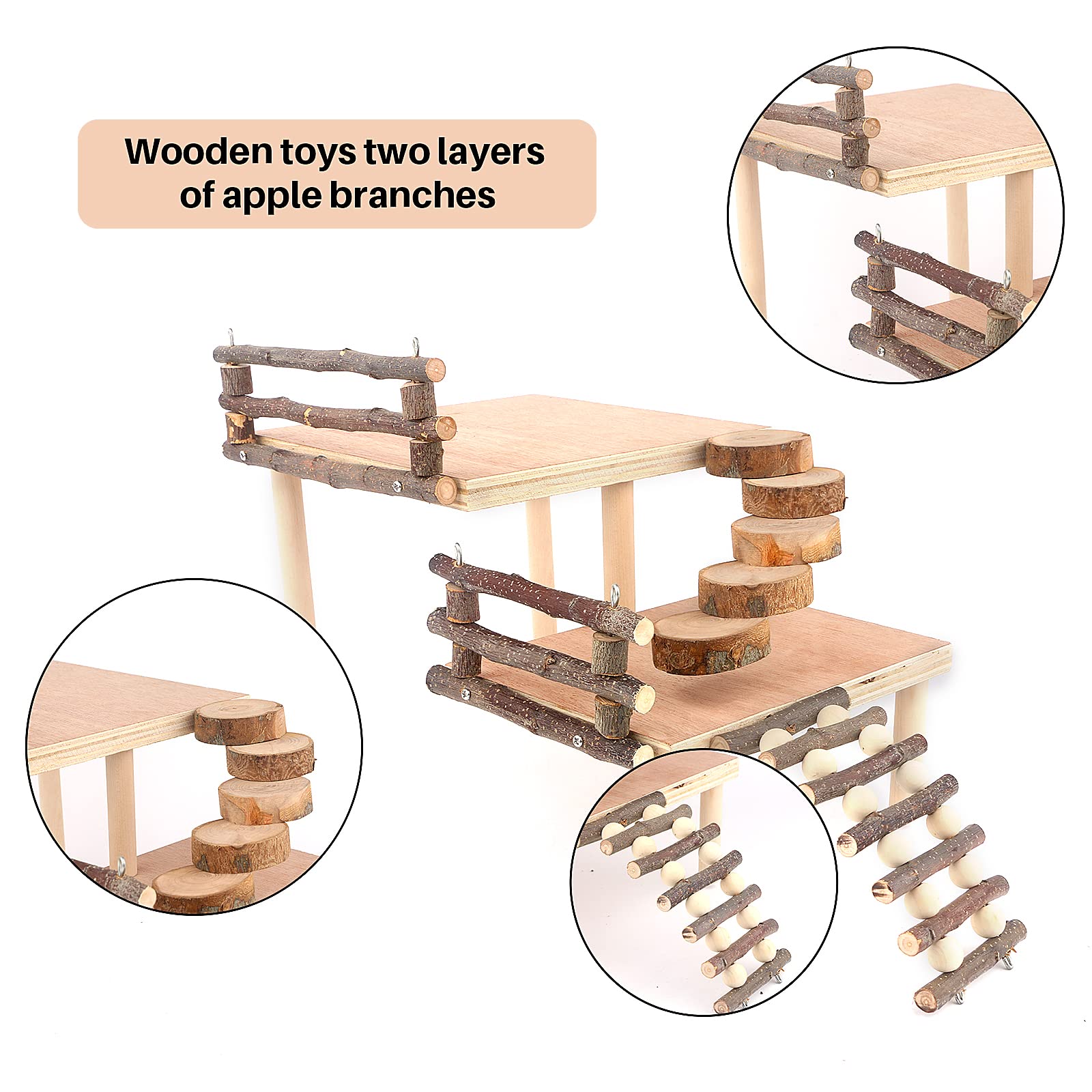 Hamster Climbing Toys Wooden Two-Tier Hamster Playground Activity Platform With Bridge Apple Wood Chewing Toys For Small Pets (L