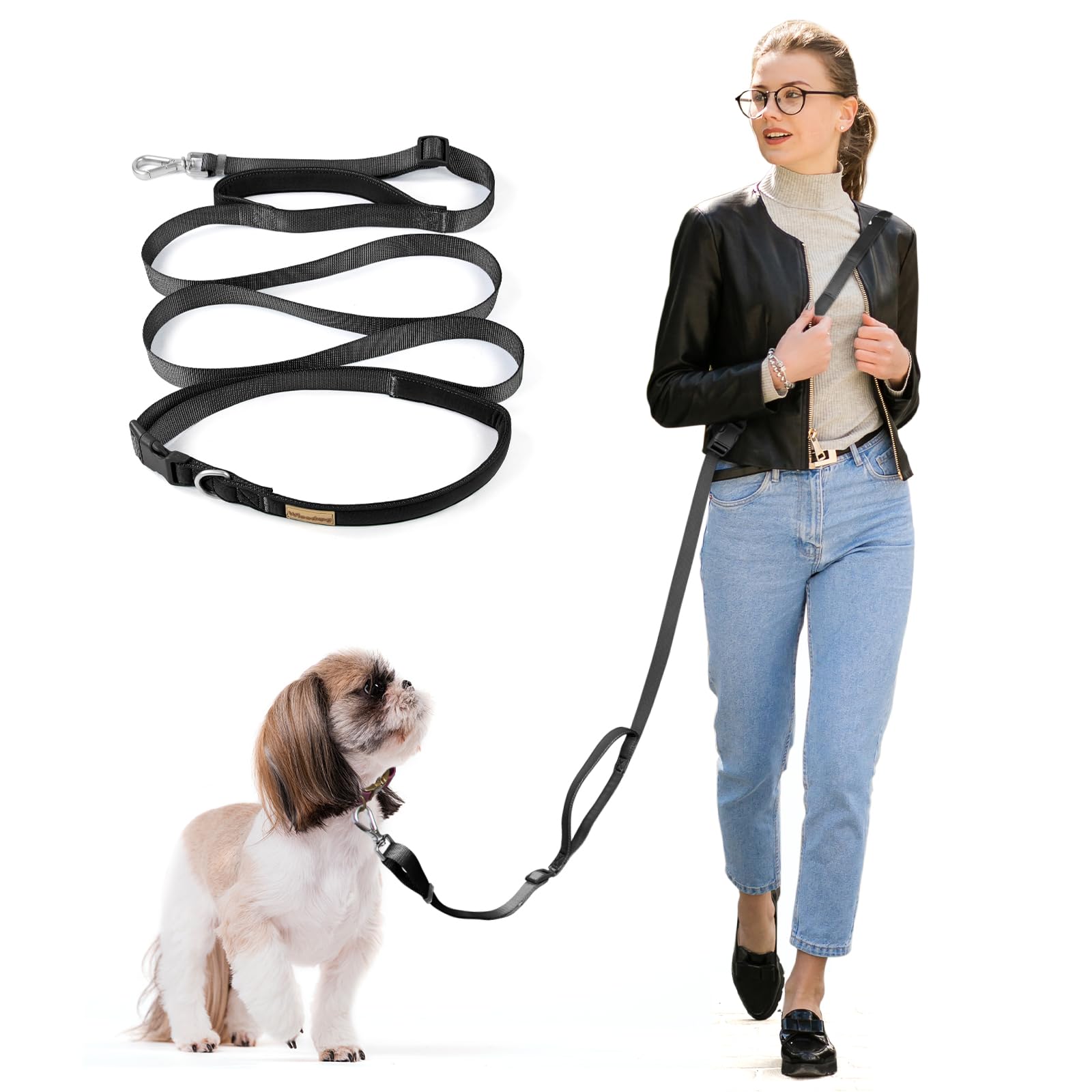 Wisedog 9.5 Ft Hands Free Dog Leash, Comfort And Safety Padded Handle & Heavy Duty Metal Clasp - Two Handle Dog Leash Adjustable