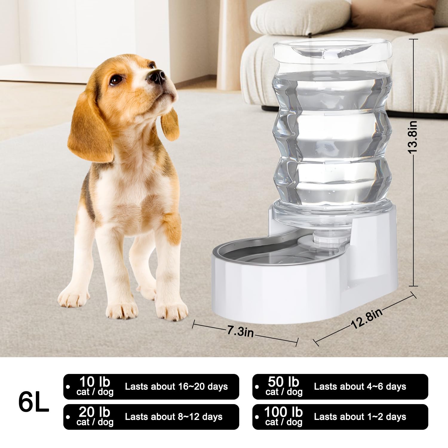 Sfozstra 6L Automatic Pet Waterer, 100% BPA Free, Stainless Steel Gravity Feeder, Convenient Drinking Water Dispenser Designed f