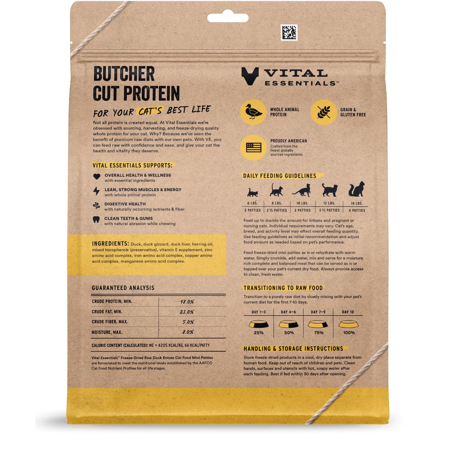Vital Essentials Freeze Dried Cat Food, Raw Duck Mini Patties, High Protein, Grain Free, 15 oz